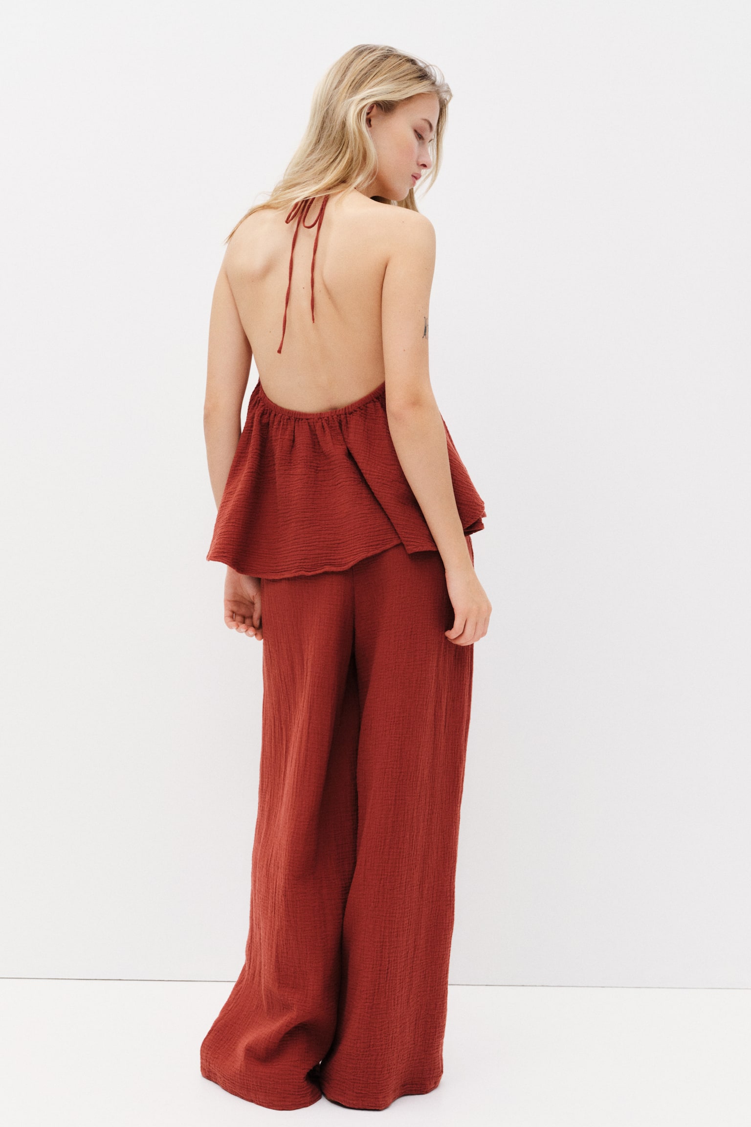 Pantalon droit en mousseline - Rouge rouille/Beige clair/motif - 5