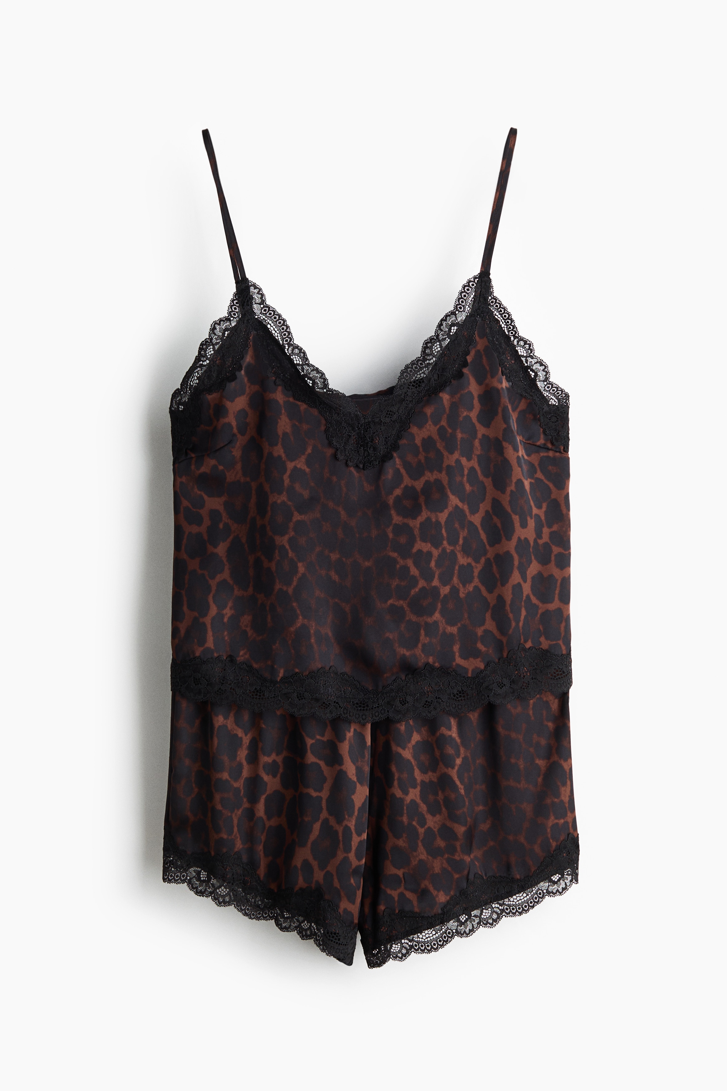 Pijama din satin cu bordură de dantelă - Maro-închis/imprimeu leopard/Bleumarin