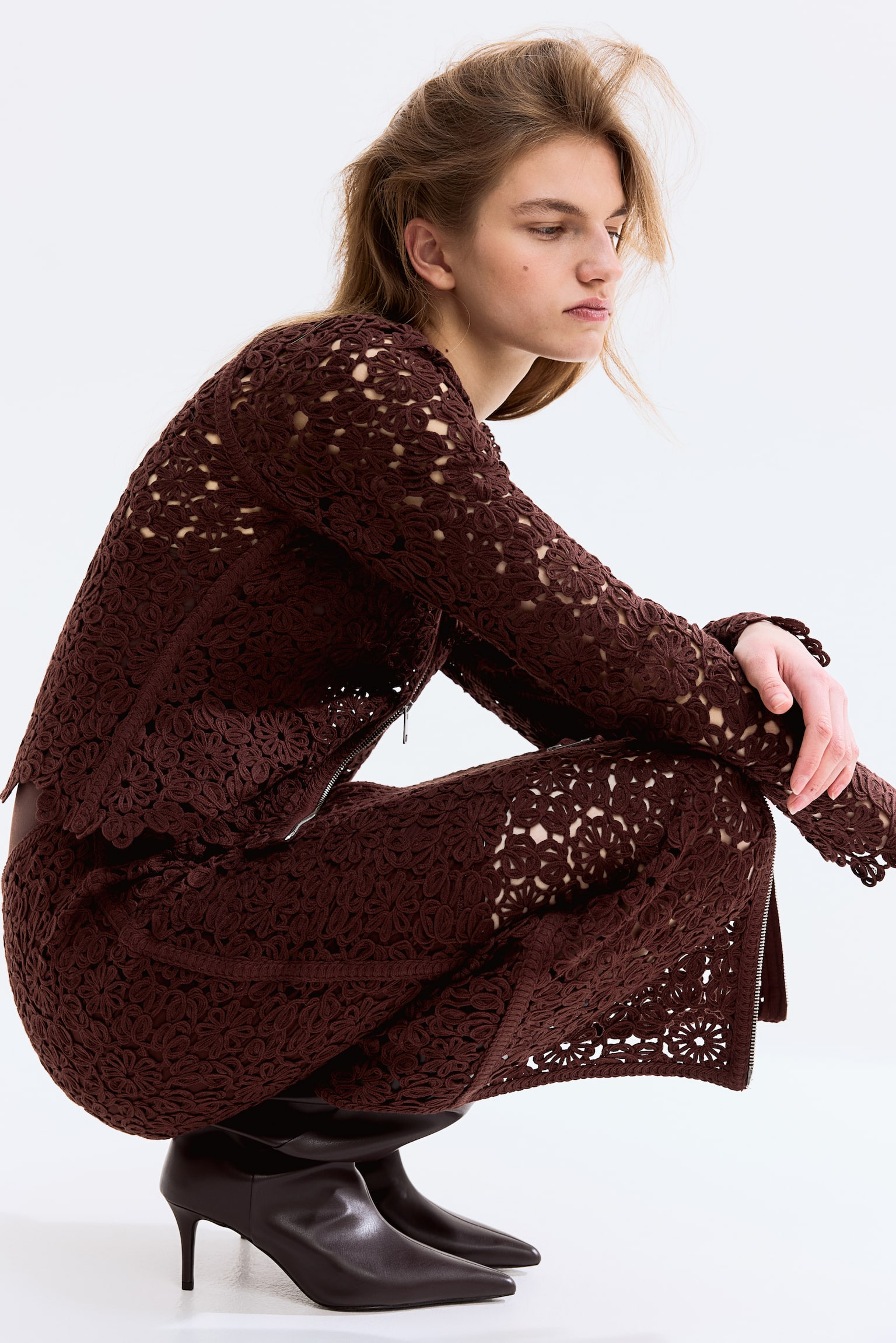 Crochet-look cardigan - Dark brown - 6