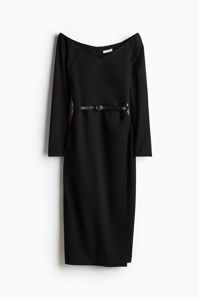 Off-the-shoulderjurk met ceintuur - Zwart - 1