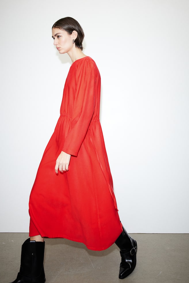 Twill drawstring dress - Bright red - 1
