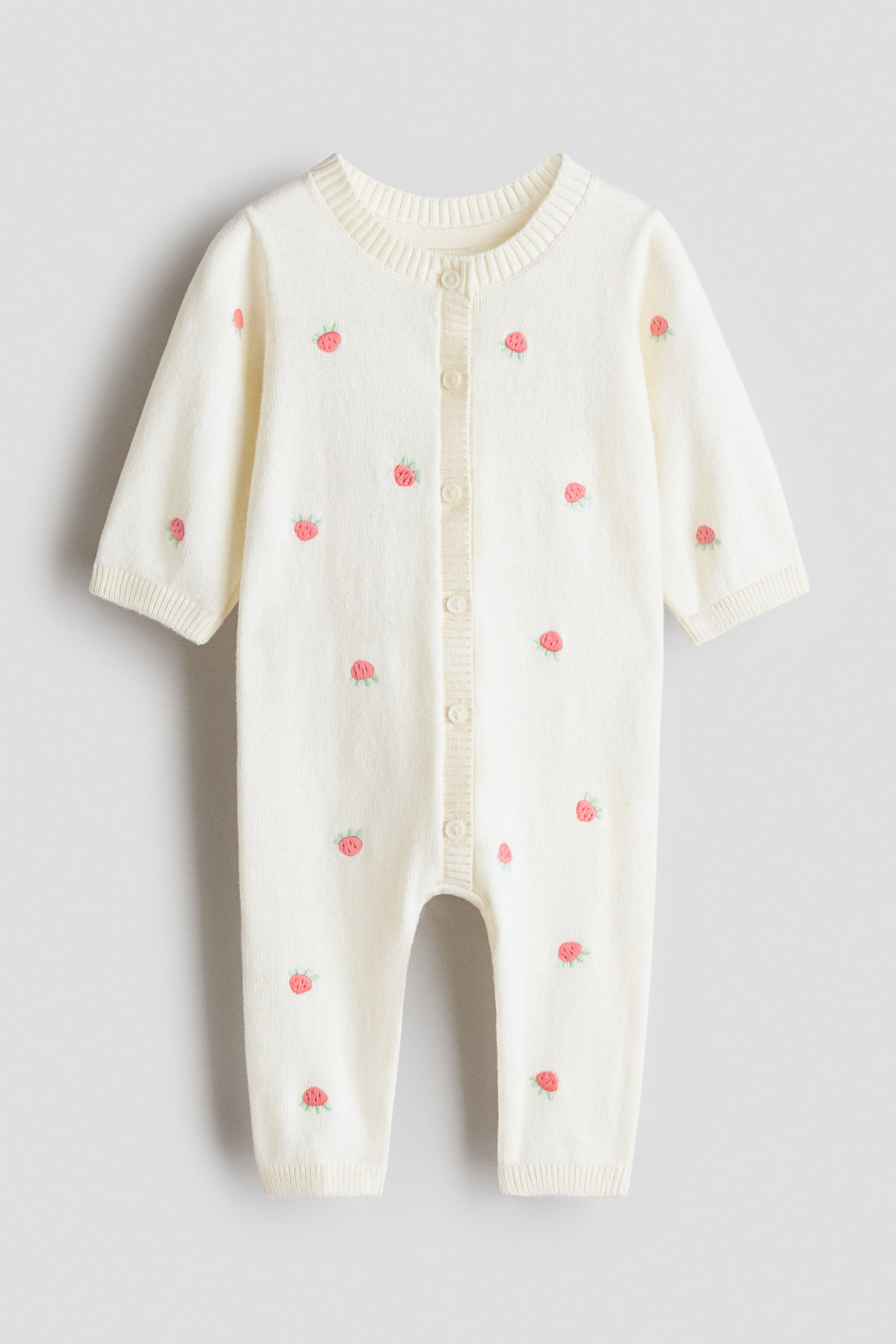 Cotton-knit romper suit - Cream/Strawberries/Light khaki green/Light beige/Beige/Brown