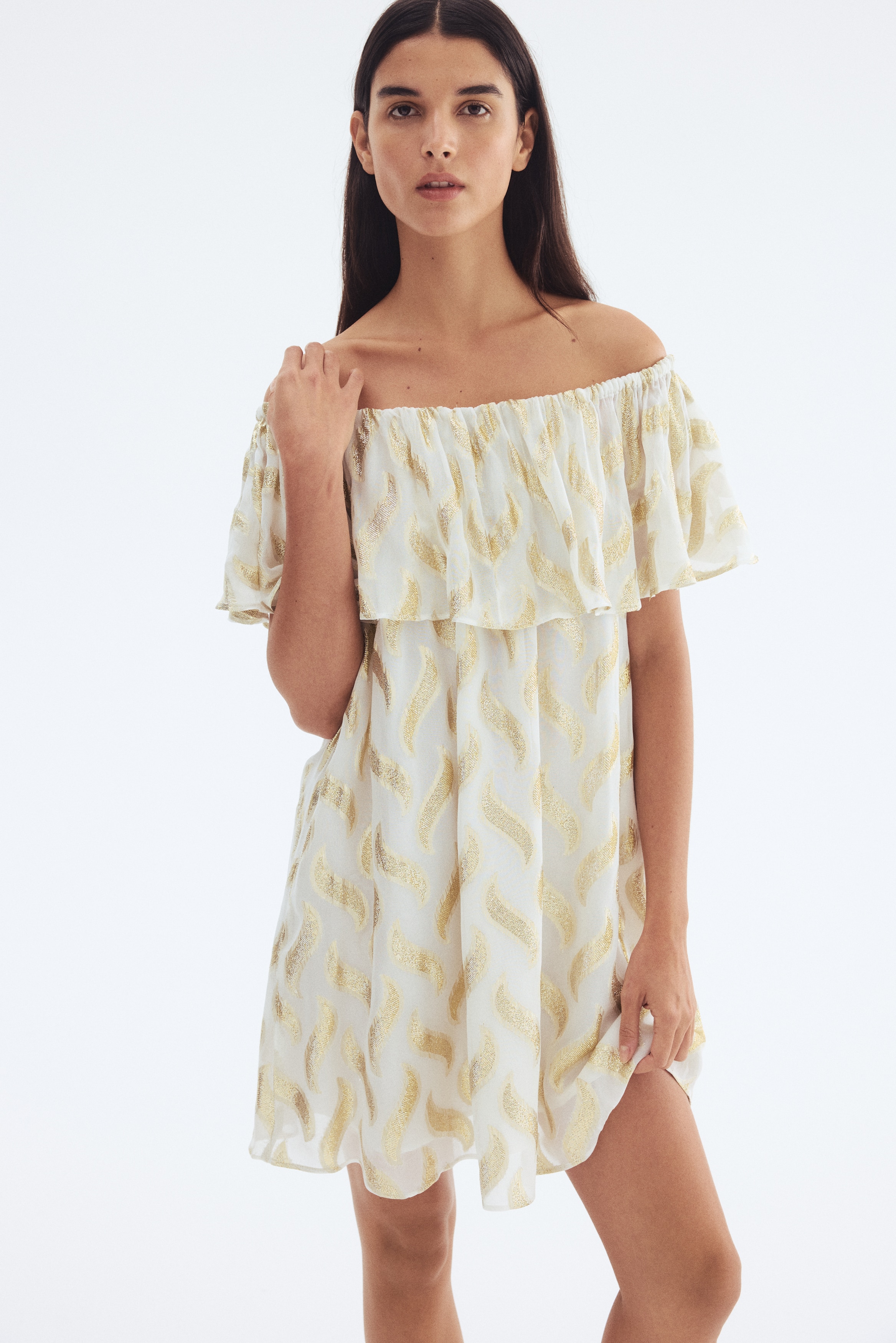 Jacquard-weave off-the-shoulder dress