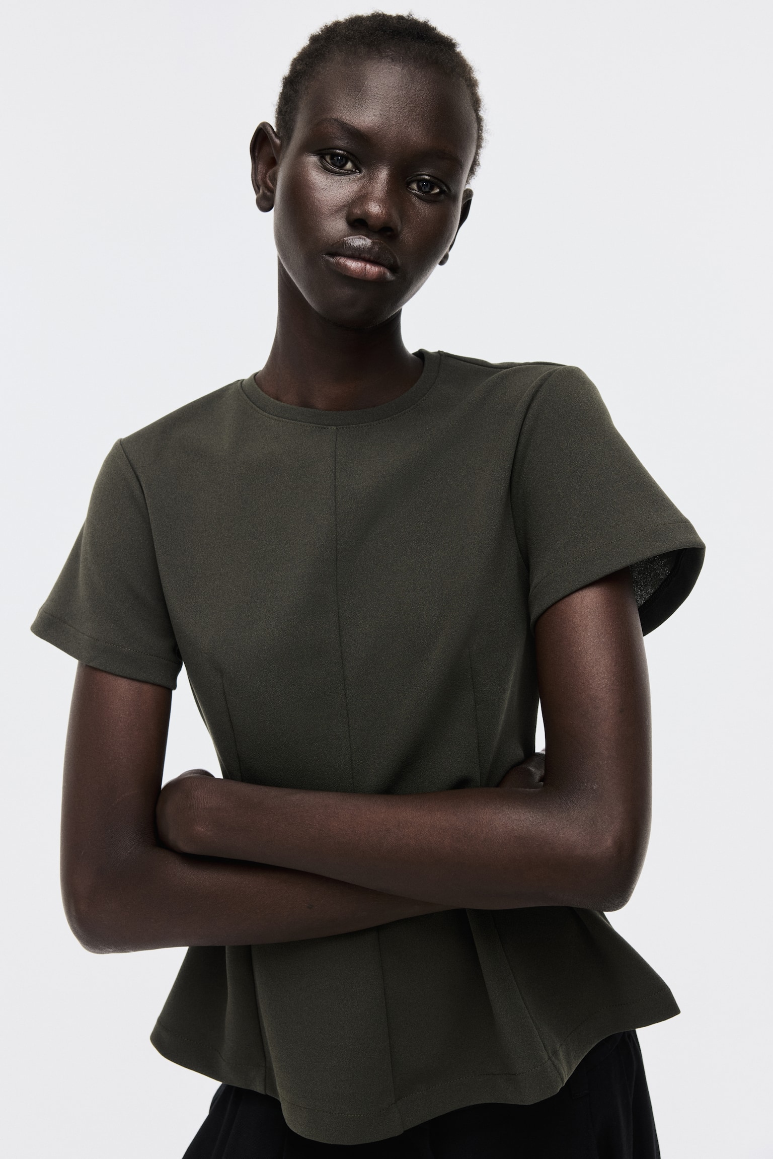 Defined-Waist Top - Dark green/White/Dusty pink - 2