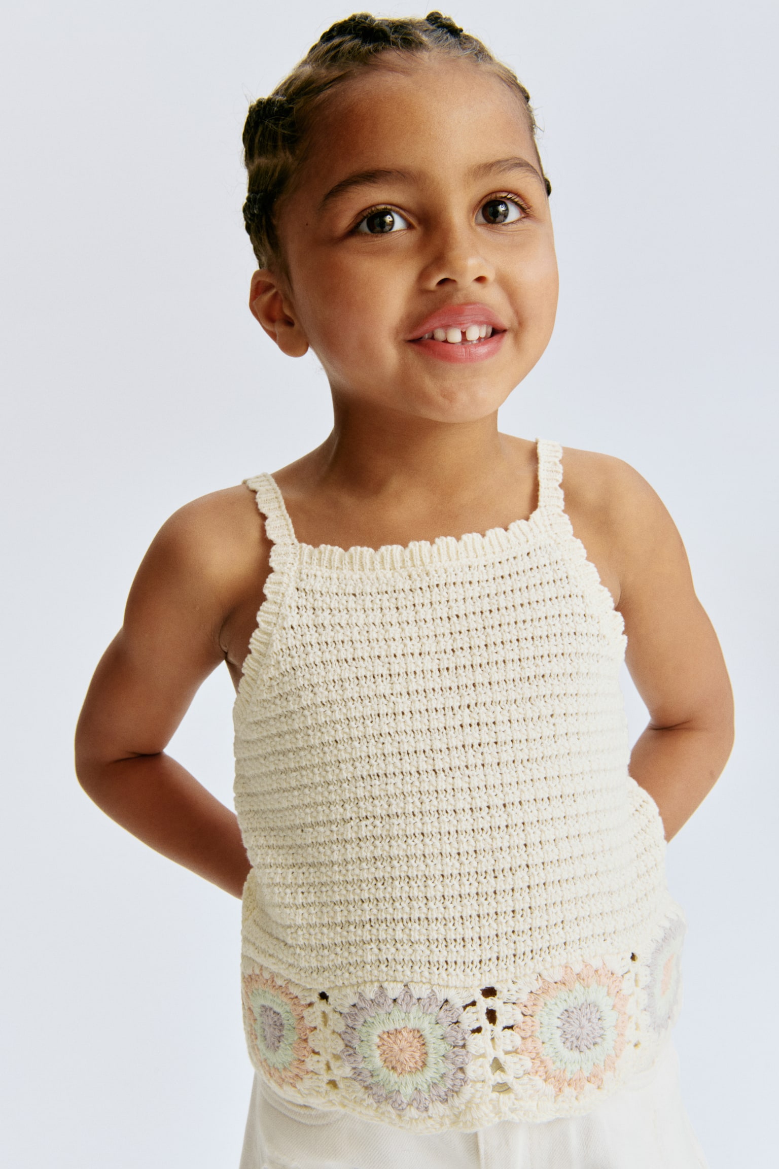 Crochet-look strappy top - קרם - 1