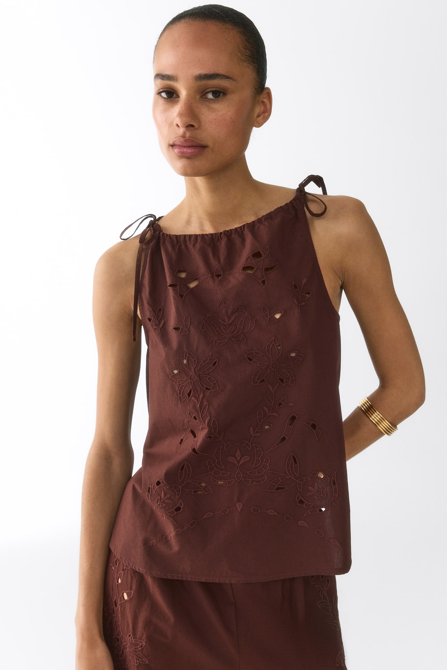Broderie anglaise tie-strap top-Brown - 1