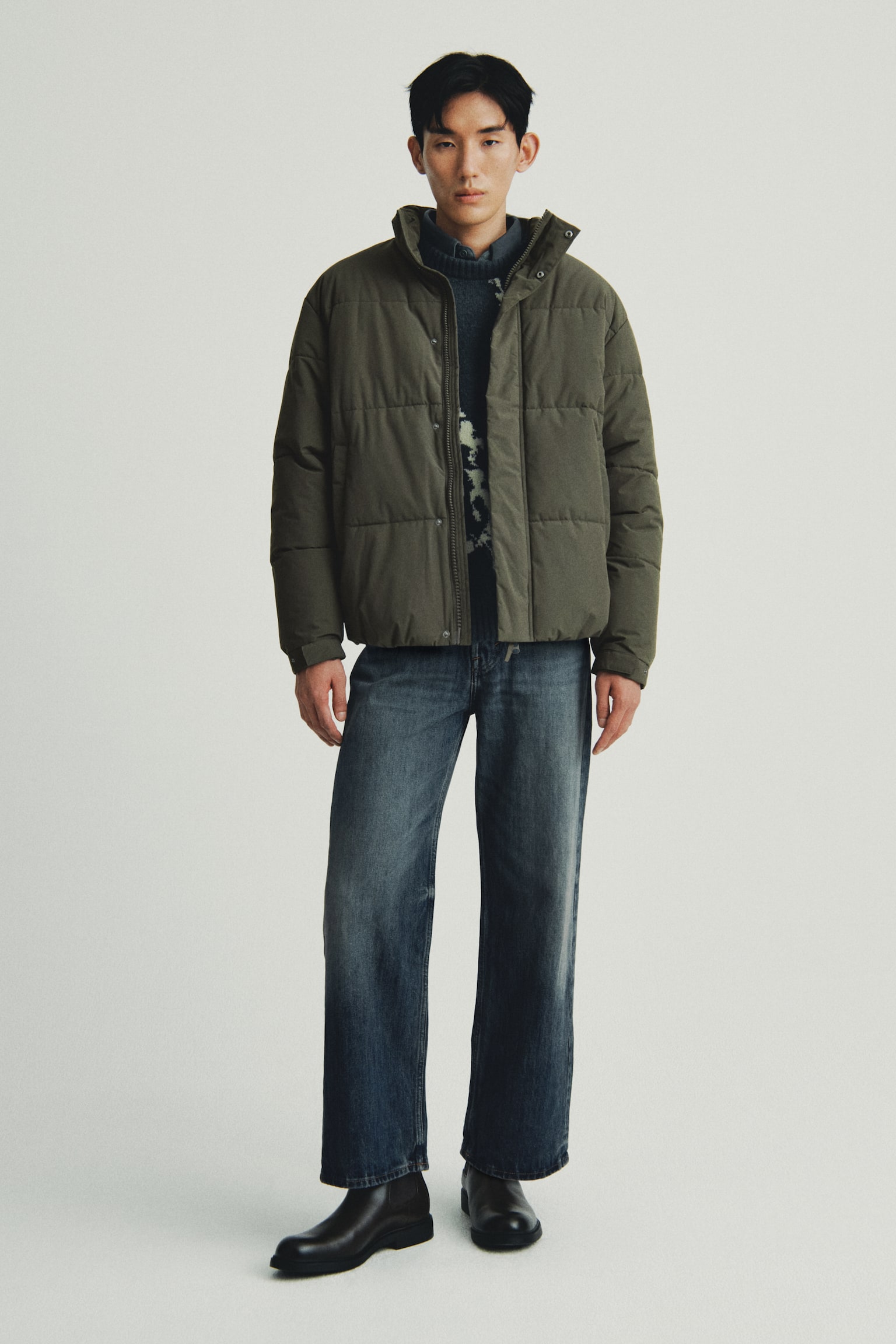 발수 코팅 퍼프 재킷 - 다크 카키 그린/블랙 - 1