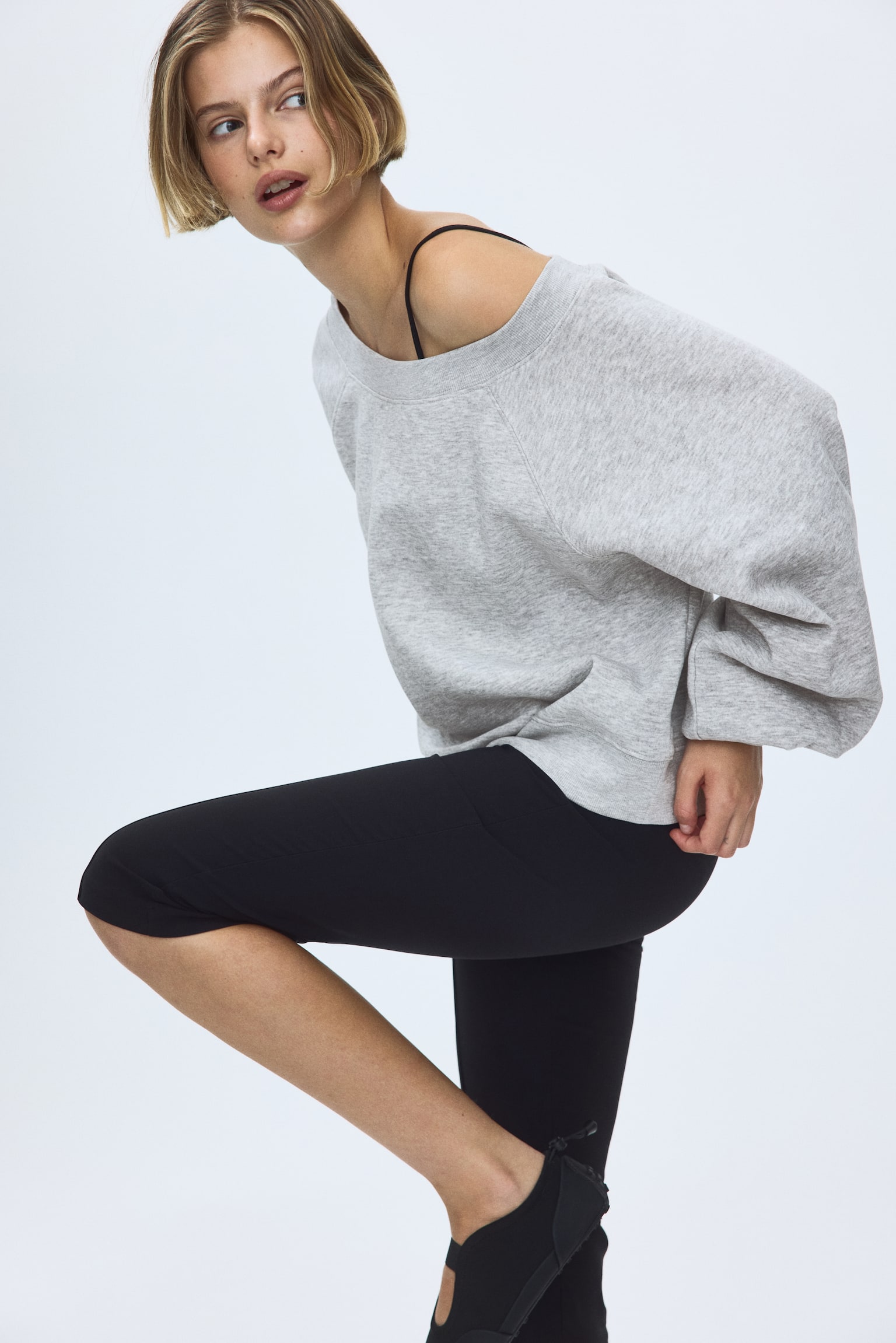 Off-the-shoulder sweatshirt - Light grey marl/Light pink - 1