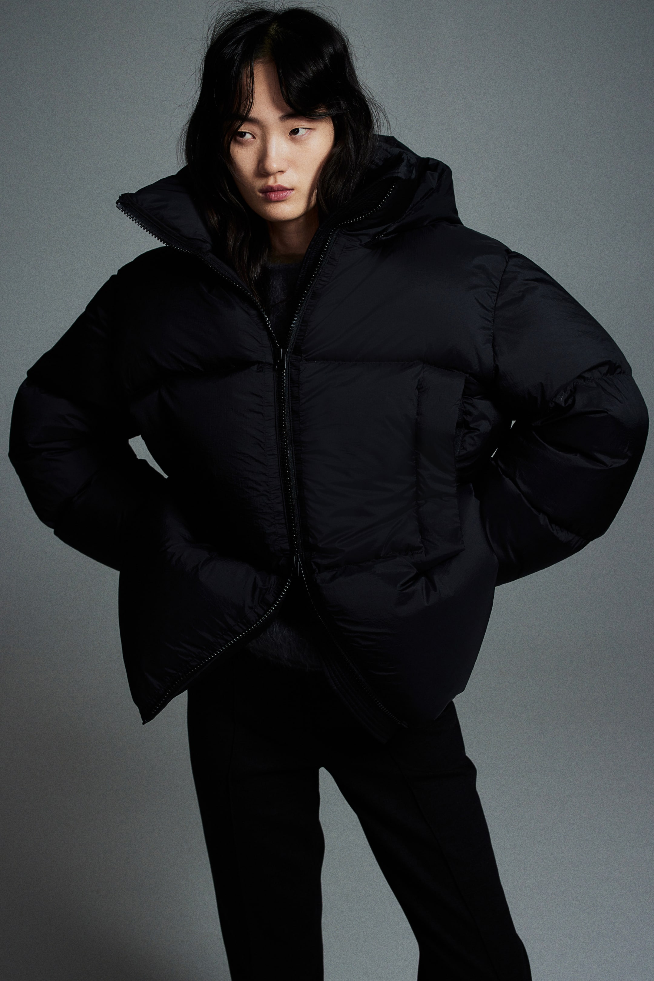 Oversized puffer jacket - Long sleeve - Regular length - Black - Ladies ...