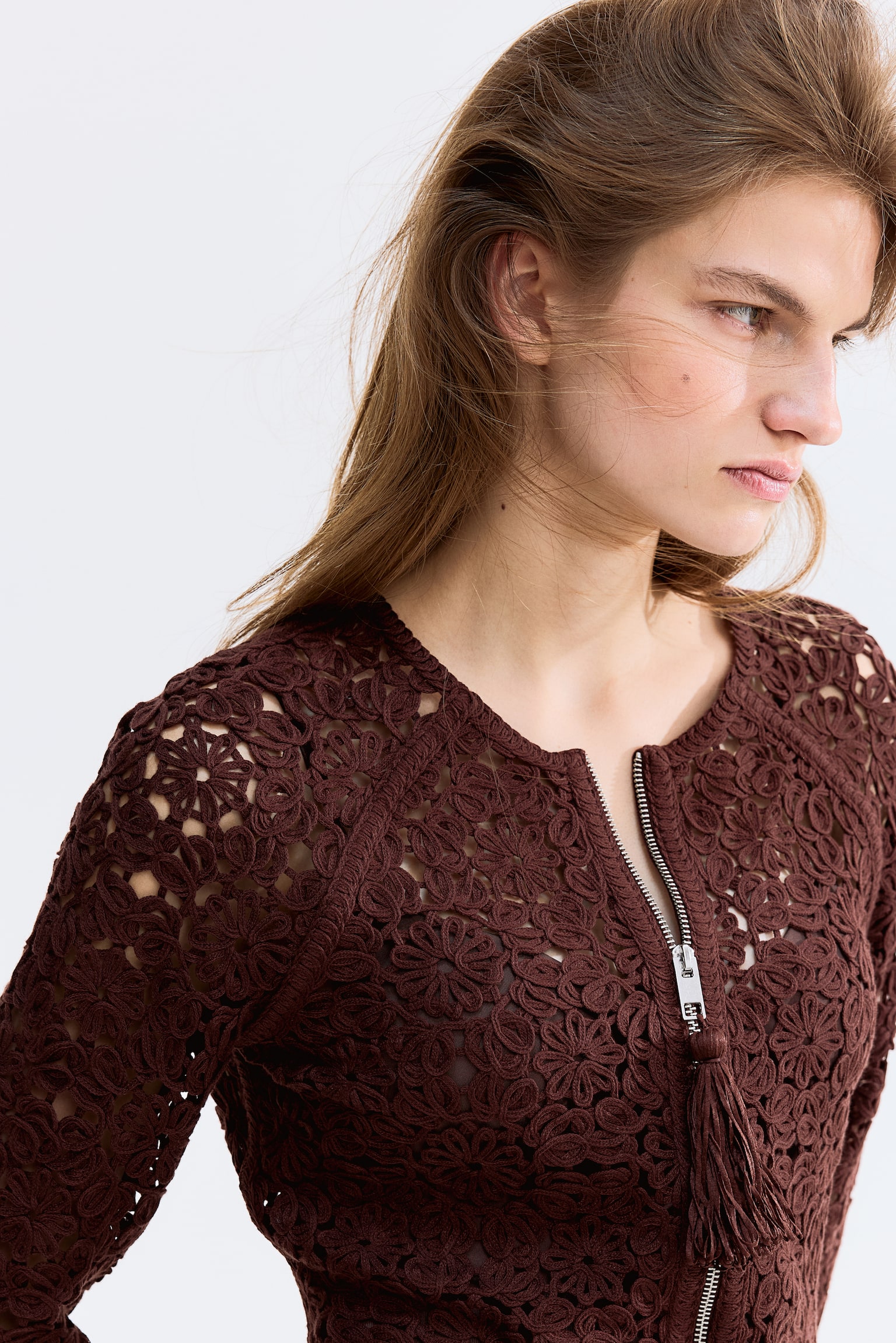 Crochet-look cardigan - Dark brown - 4