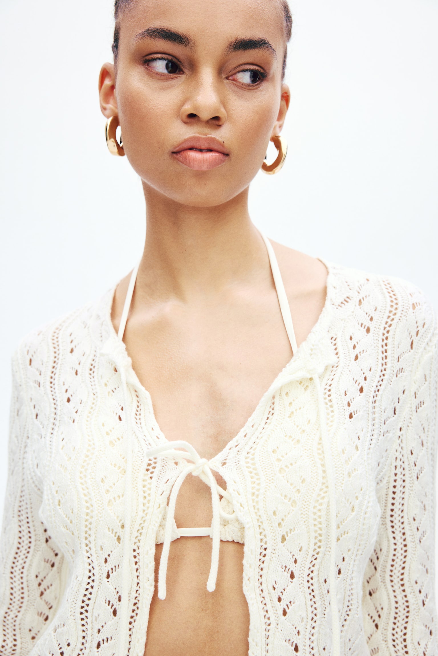 Pointelle-knit tie-front cardigan - Cream/Dark brown - 6