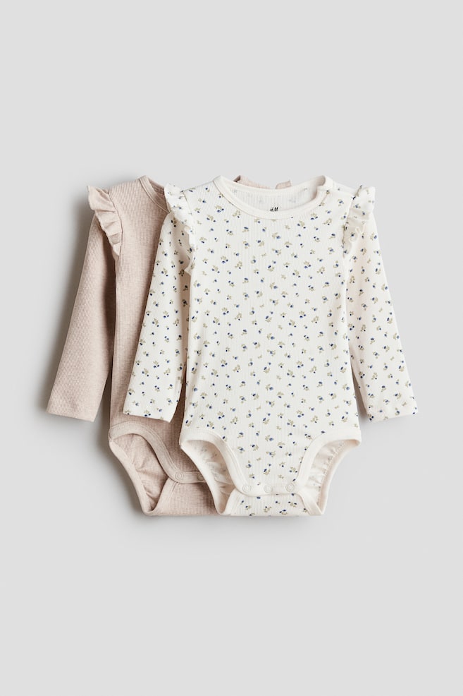 2-Pack Cotton Bodysuits - Light beige/floral/Brown/white/Dusty pink/hearts/Dusty green/giraffe/Light blue/hearts - 1