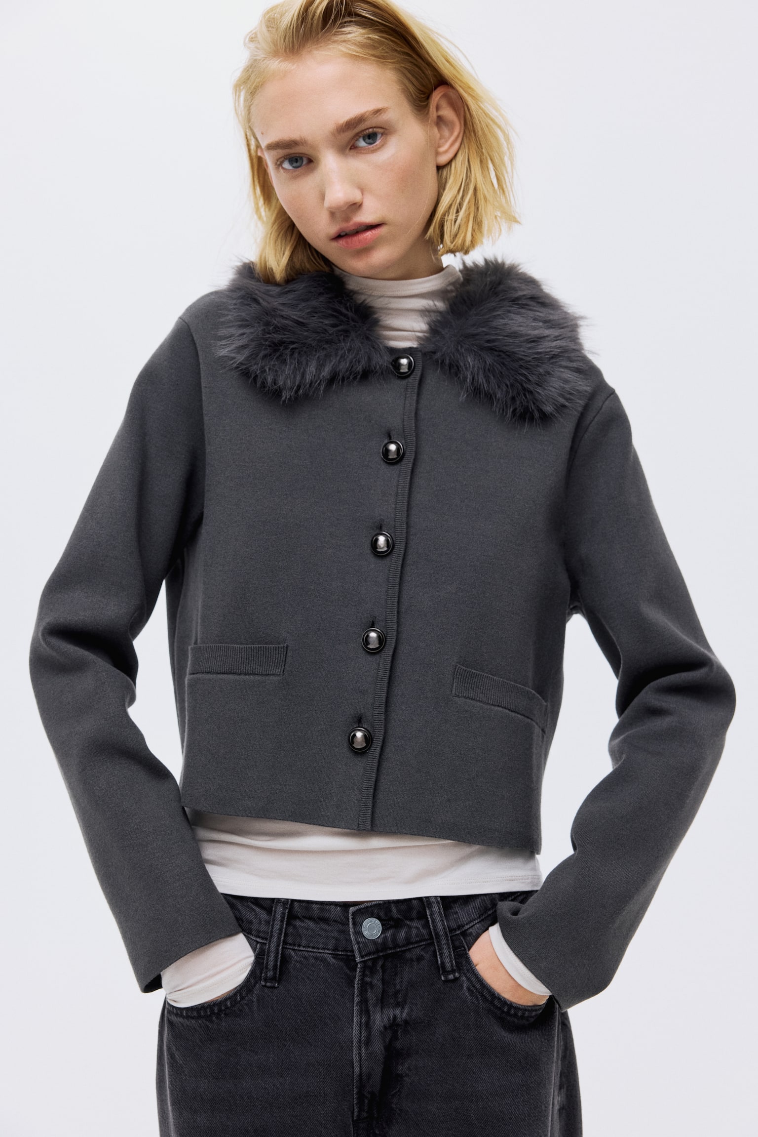 Cárdigan en tejido fino - Gris oscuro/Café oscuro - 3