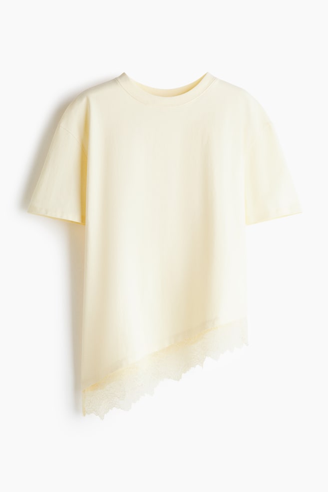Camiseta con bajo asimétrico de encaje - Amarillo claro/Marrón oscuro/Blanco - 1