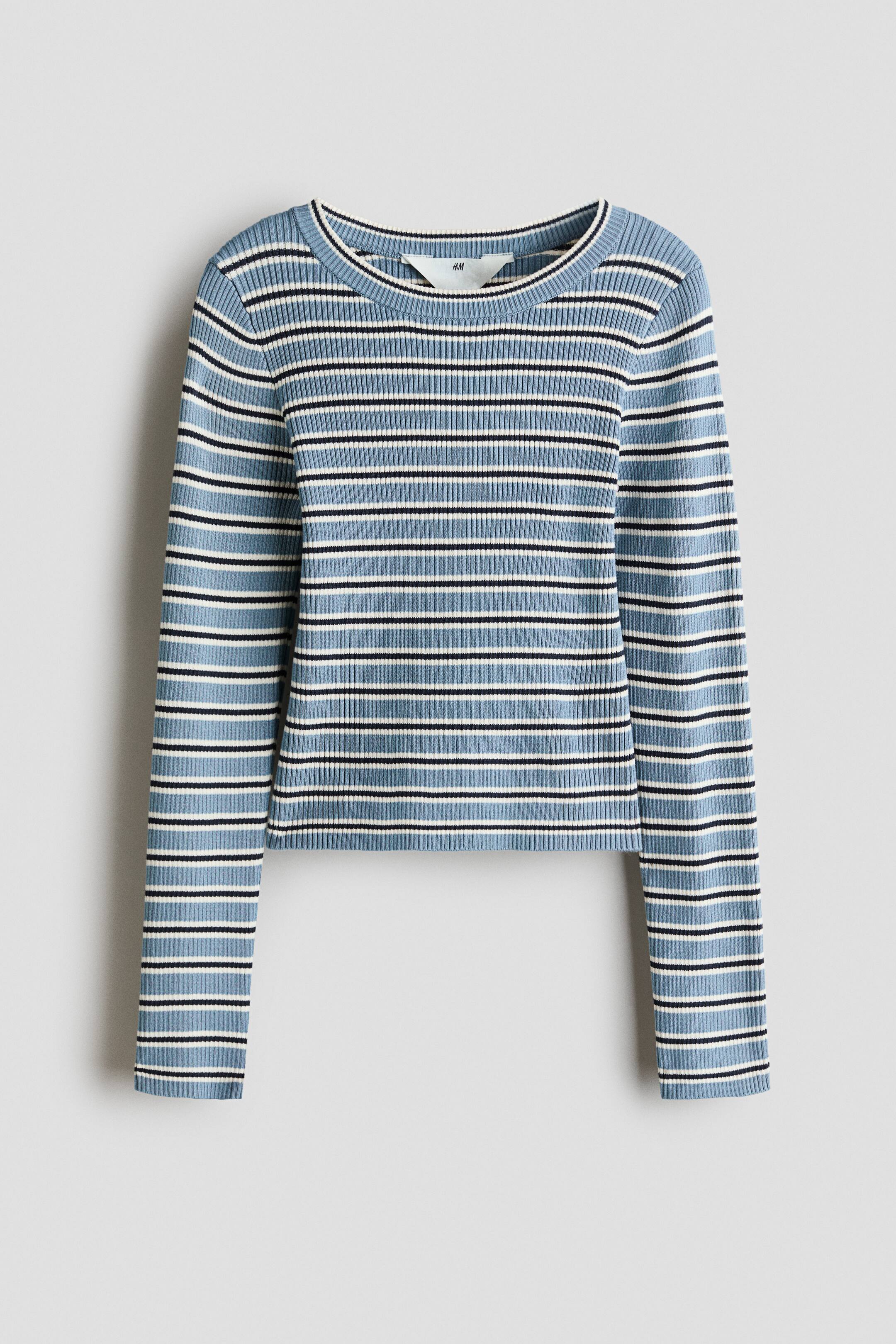 View larger image: A front-facing view of a long-sleeved sweater in a soft rib knit, featuring horizontal stripes in blue, white, and black. The sweater displays a round, rib-trimmed neckline, long sleeves, and a straight-cut hem.