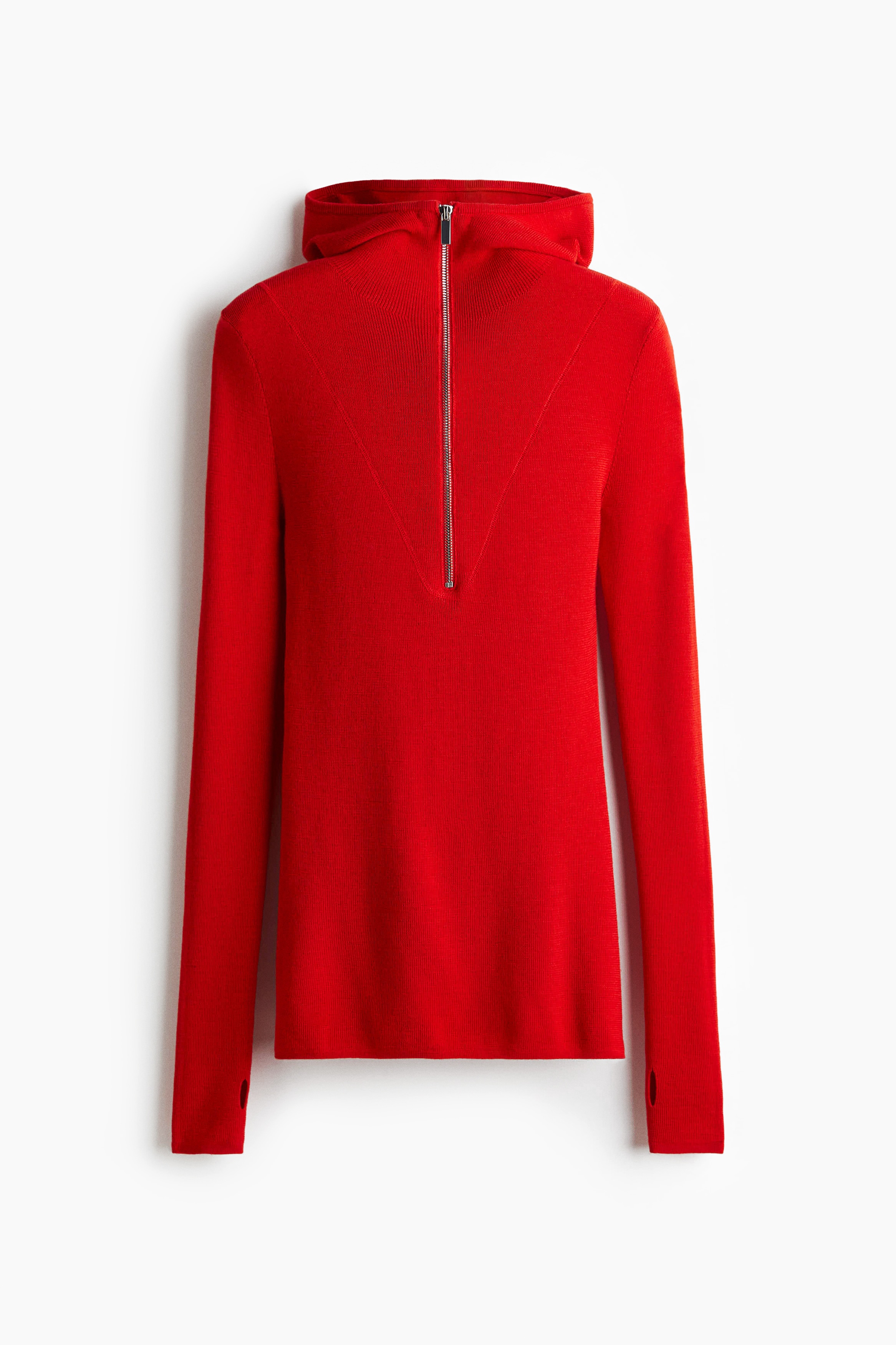 Merino Wool Hoodie - Bright red/Dark brown/Dark grey marle