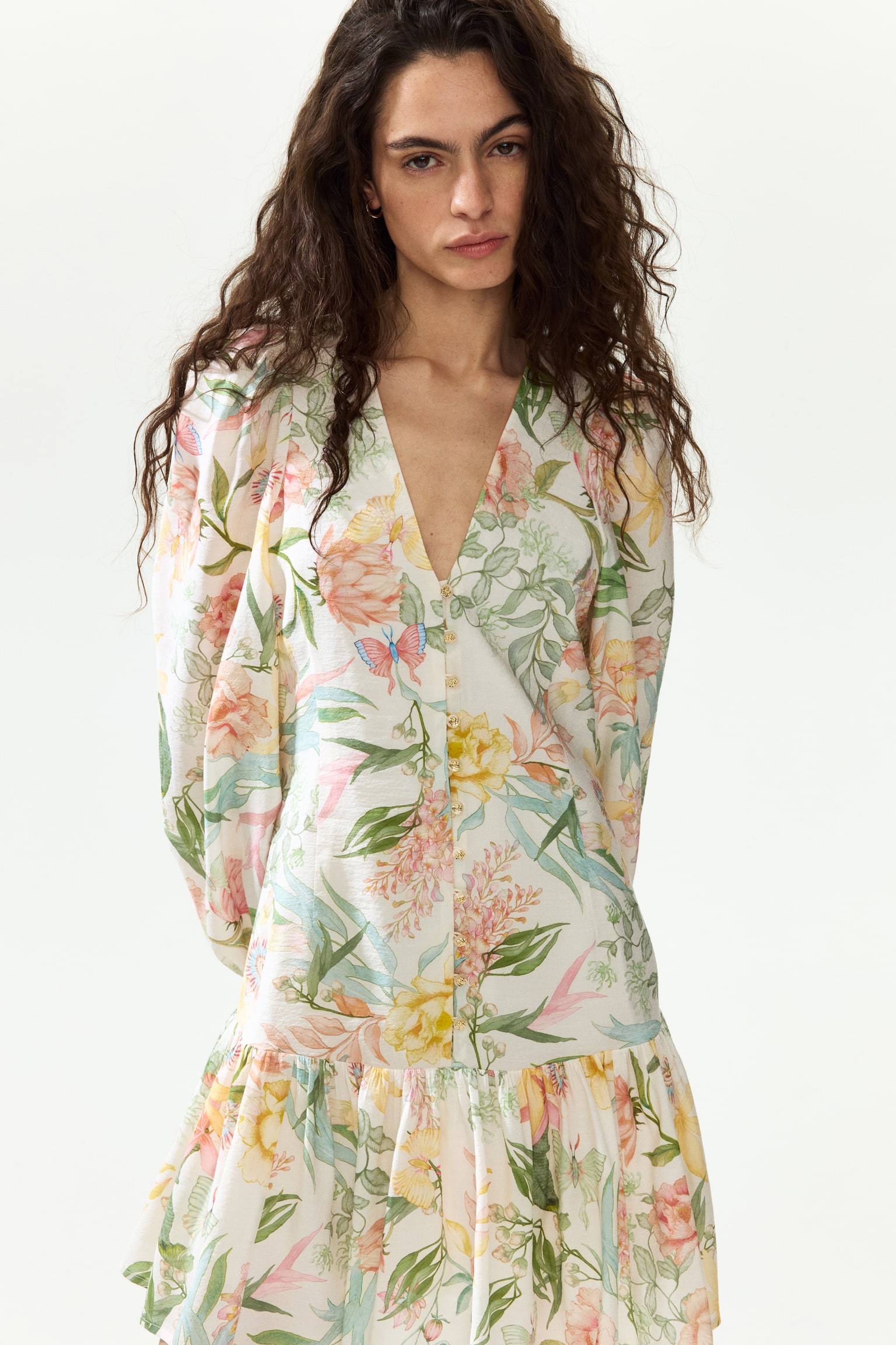 Balloon-sleeved tunic dress - Cream/Floral - 6