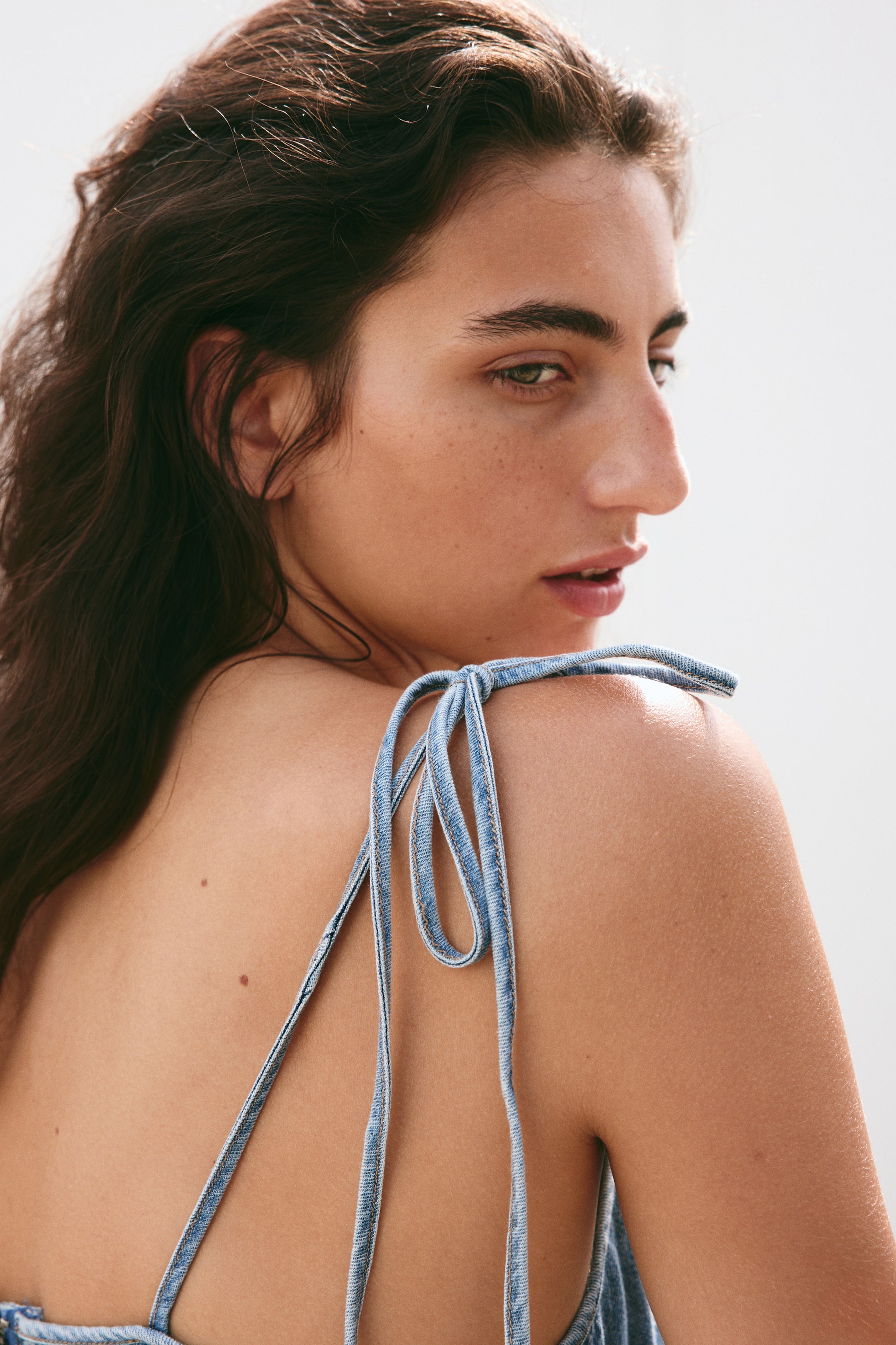 Denim Top with Tie Shoulder Straps