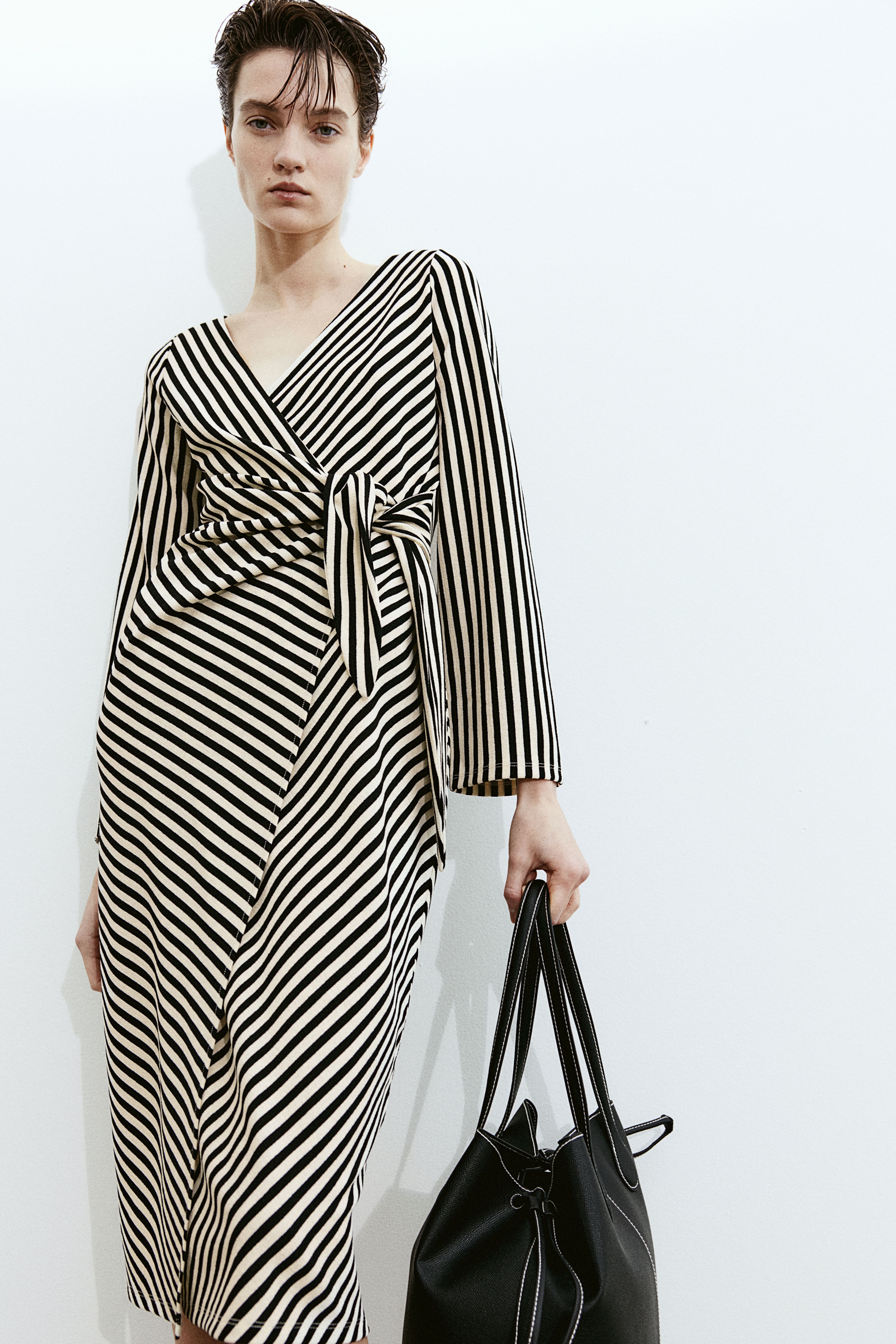 Jersey Wrap Dress Cream black striped Ladies H M US