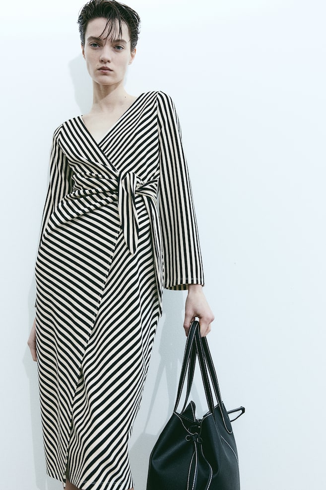 Jersey wrap dress - Cream/Black striped/Light beige/Black - 1