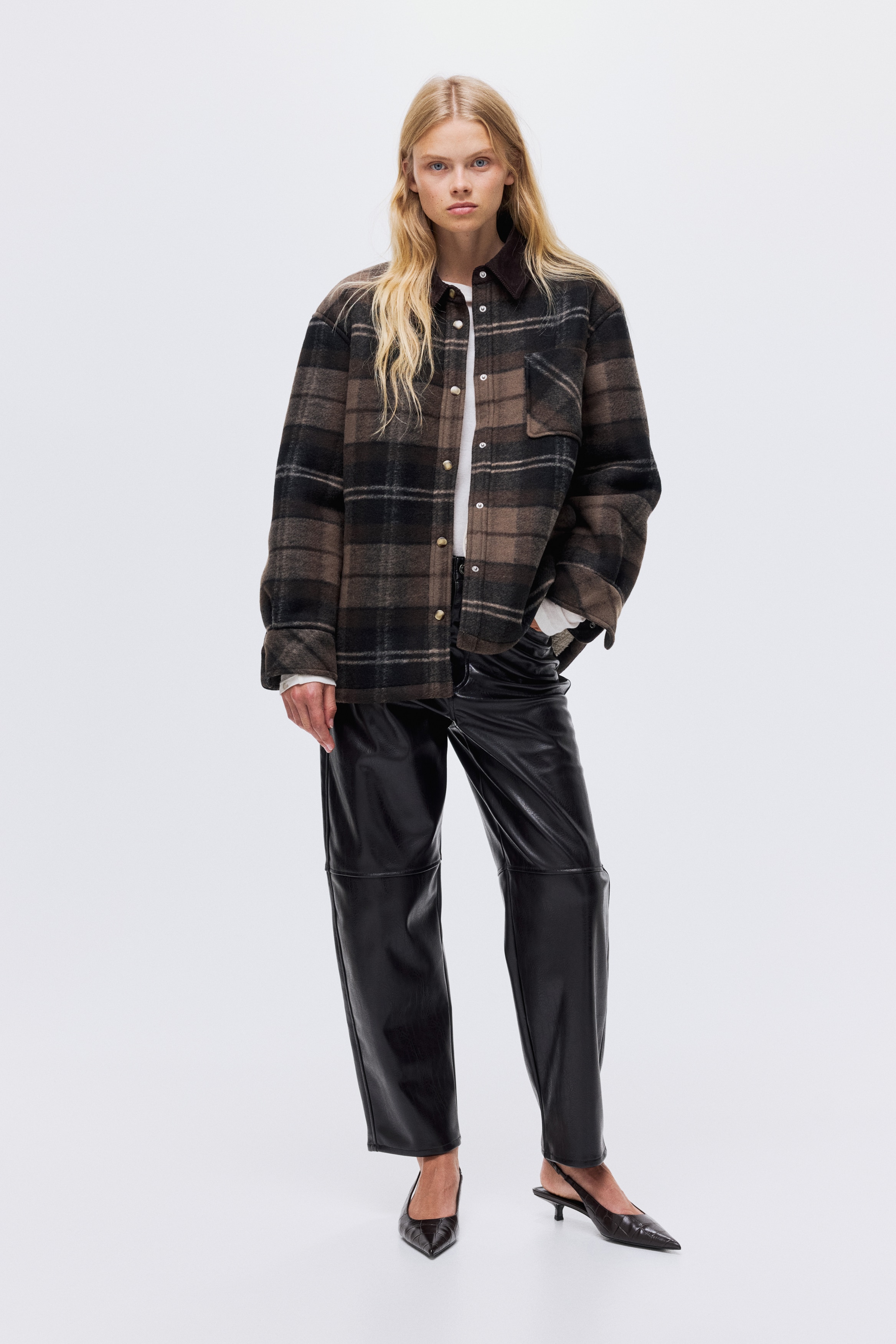 Ladies - Dark brown/Checked Teddy-lined shacket - Size: XS  - H&M