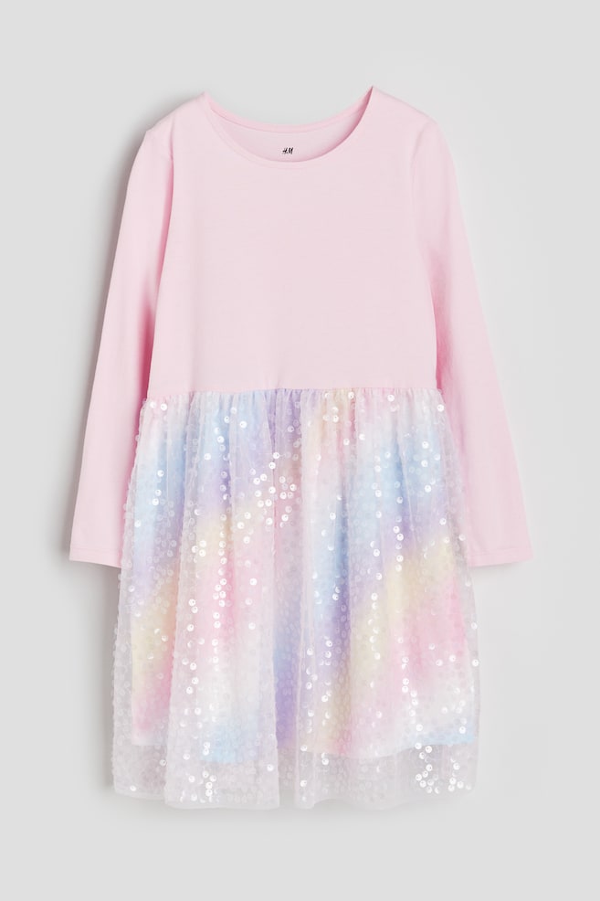 Sequin-skirt jersey dress - Light pink/Rainbow-striped/White - 1