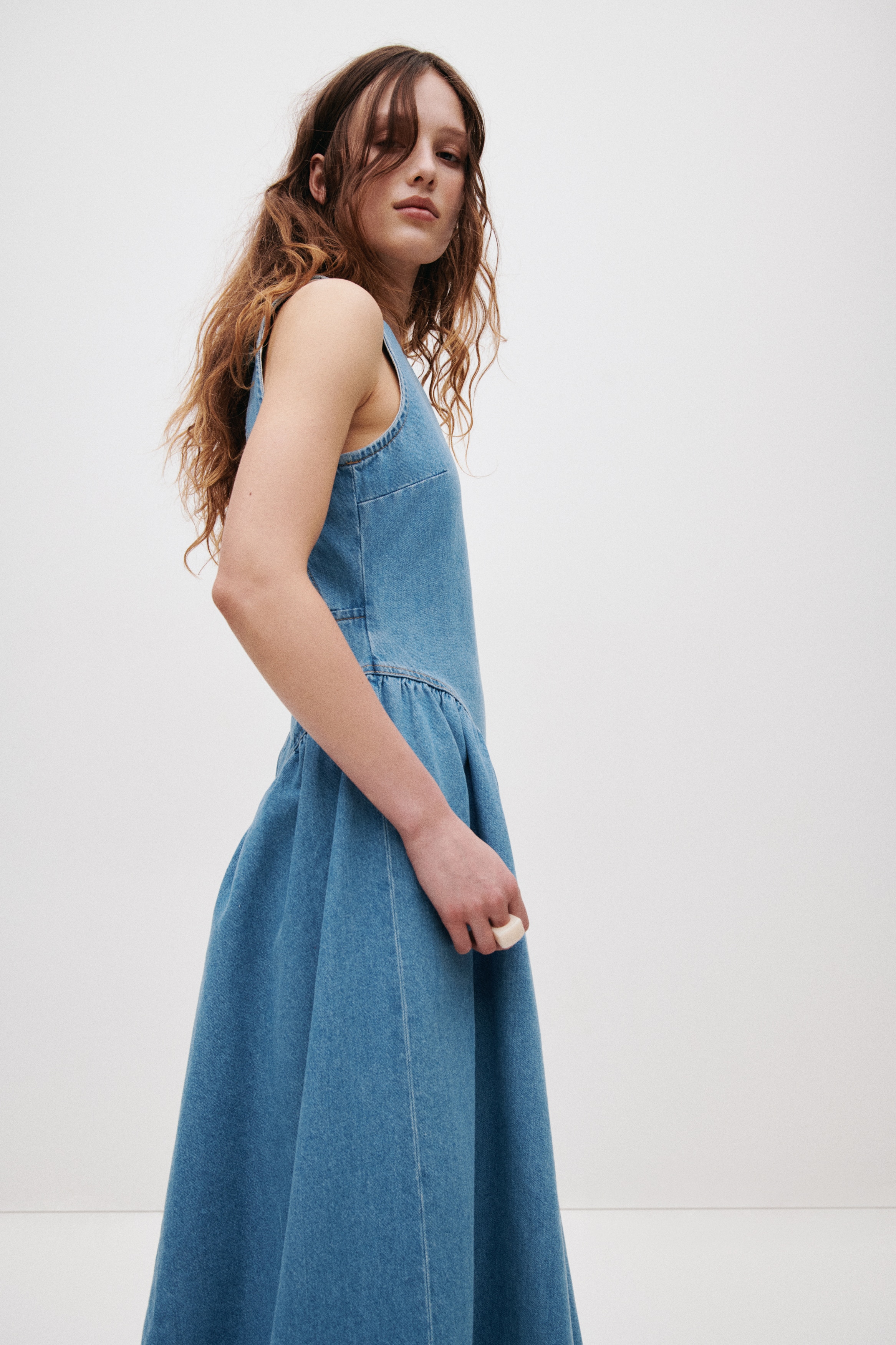 navy blue dress for baby girl Women's Cream Open-Back Denim Dress