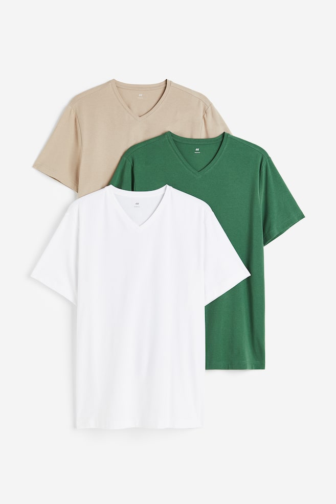 3-pack Slim Fit T-shirt med V-hals - Hvit/Beige/Grønn/Sort/Blå/Stålblå/Hvit/Blå/Lys grønn/Lys gråbeige/dc - 1