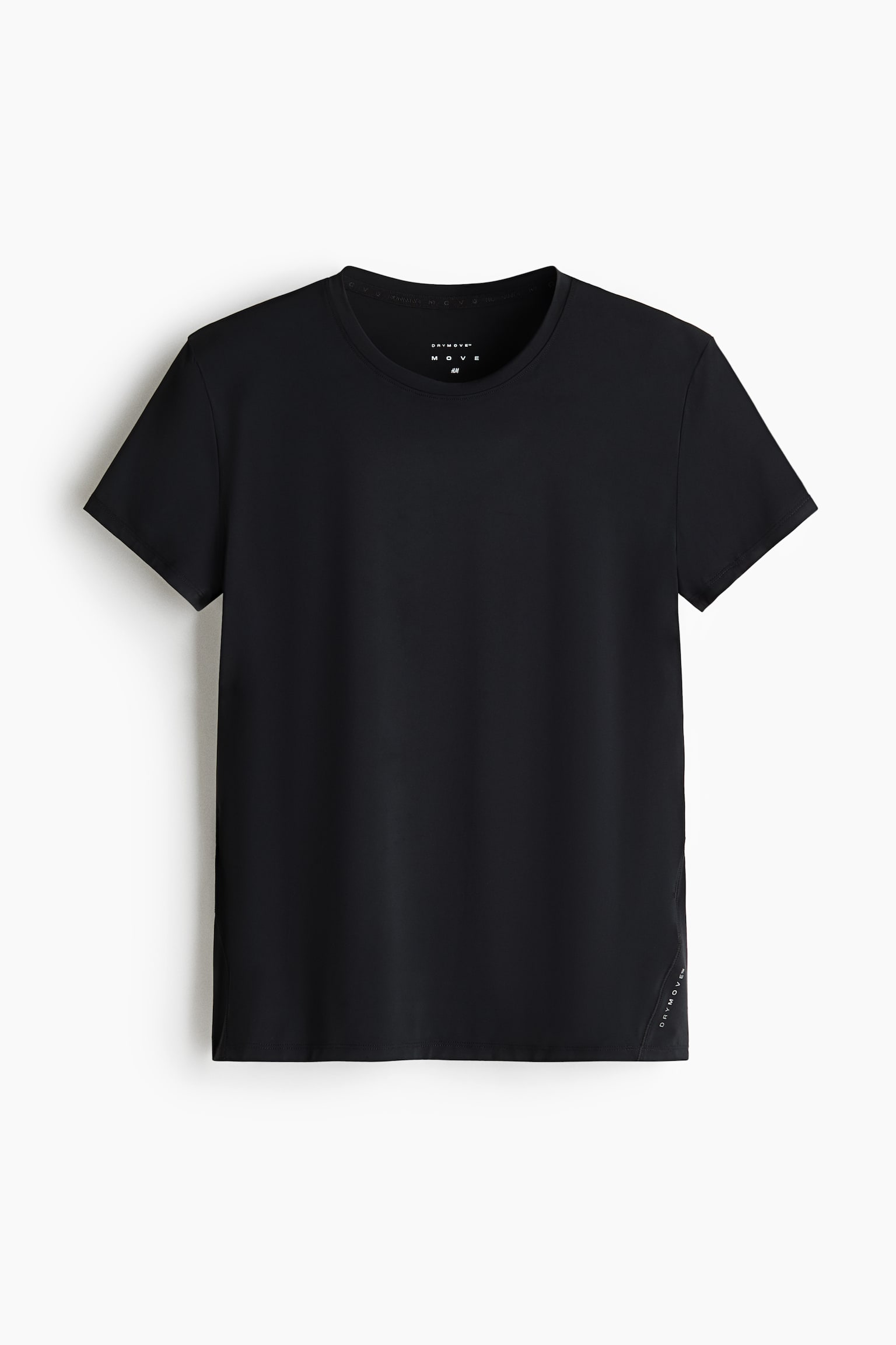 A black athletic t-shirt is shown from the front, featuring a classic crew neck, short sleeves, and a straight hem. The smooth-textured shirt displays a small, subtle white logo near the lower left side seam. - 1