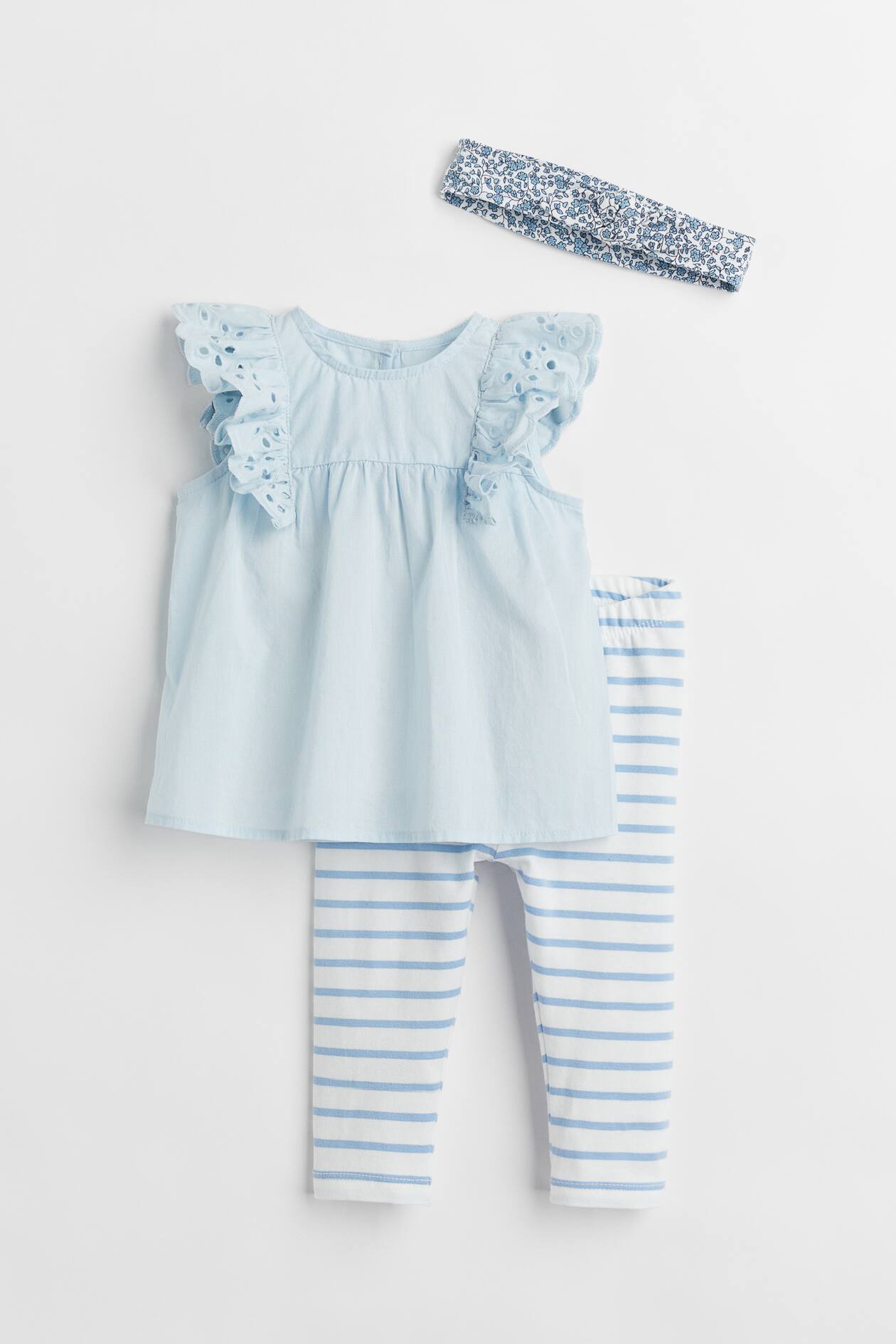 3-piece Cotton Set - Round Neck - Sleeveless - Light blue/striped ...