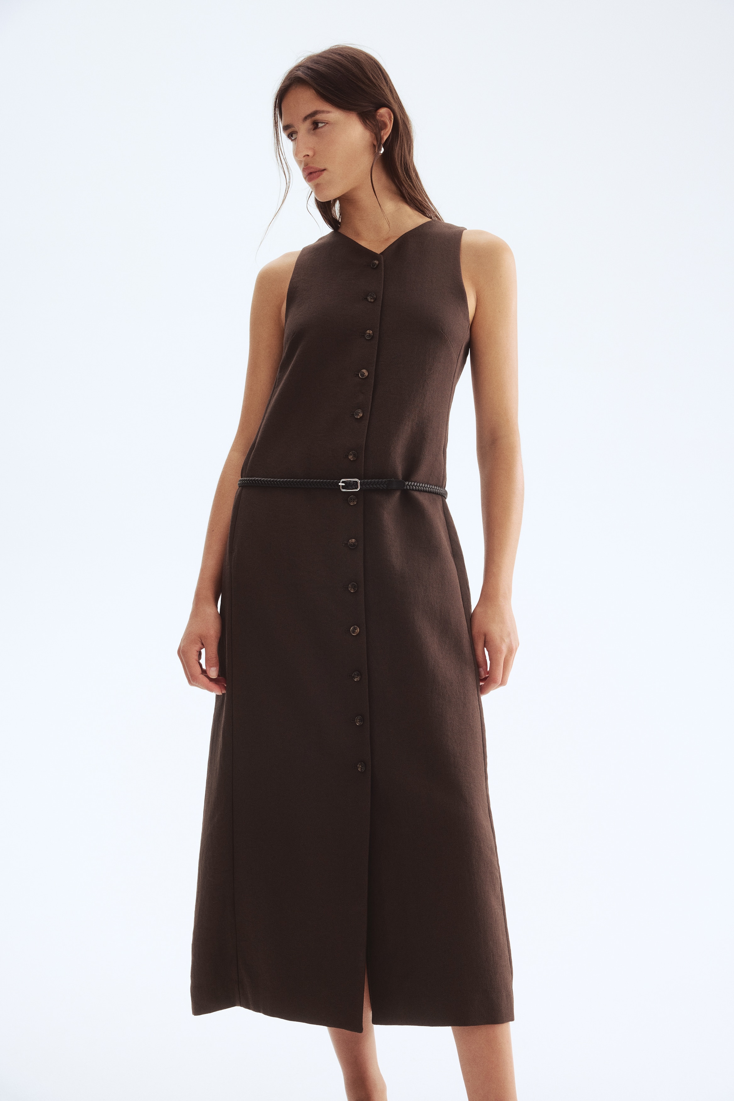 Belted button-front dress