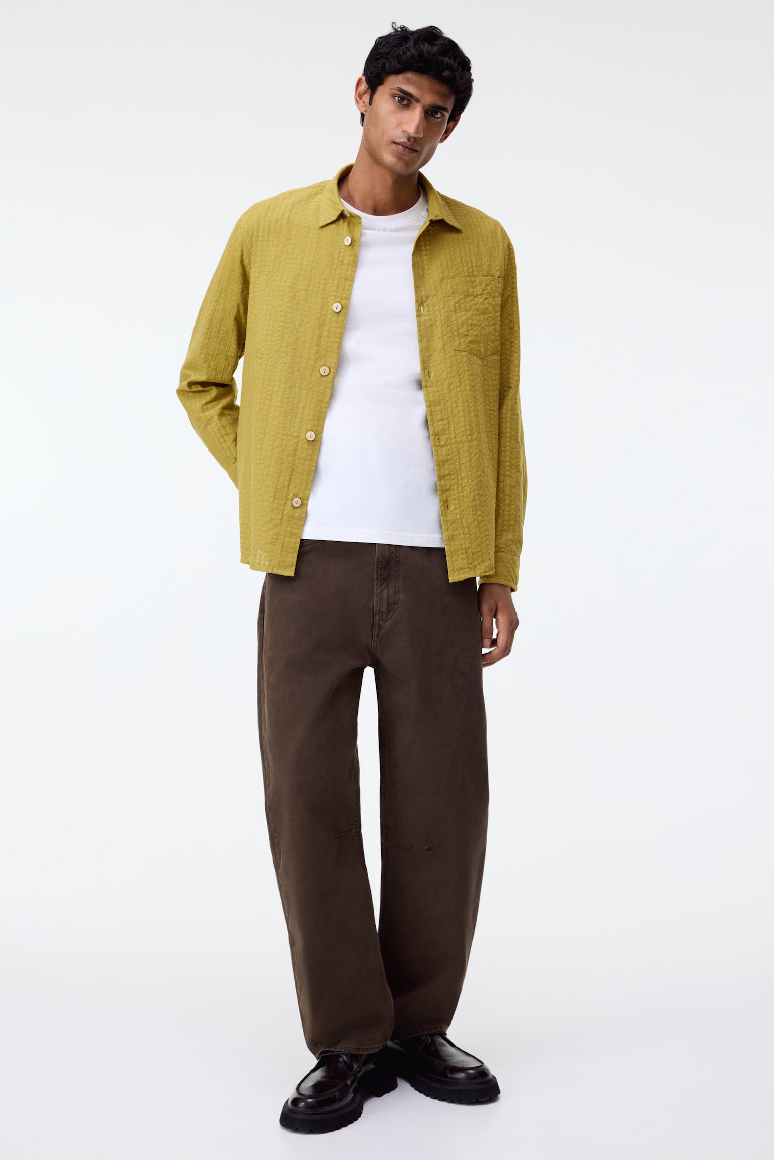 Áo sơ mi vải sọc nhăn Regular Fit - Màu vàng mù tạt - 6