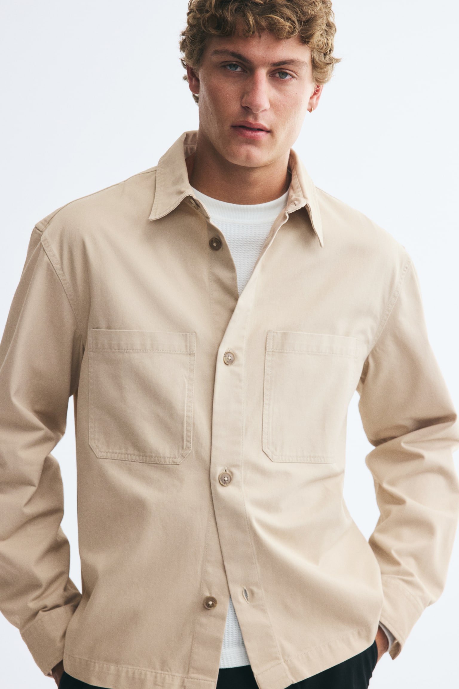 Мужская рубашка H&M Cotton Overshirt, цвет: Бежевый — фото 4