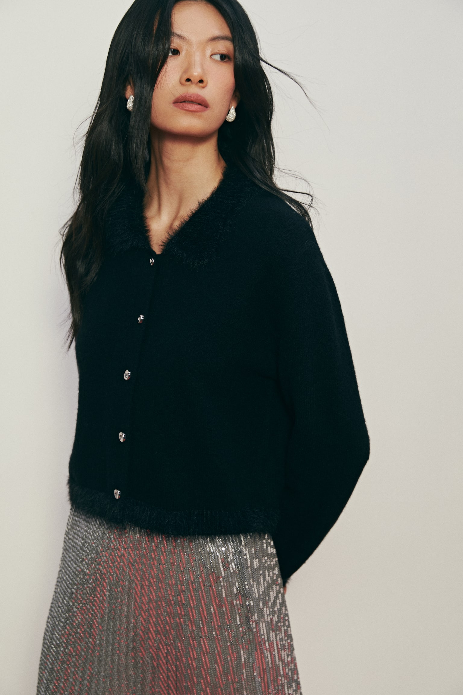 칼라 가디건 - 블랙/화이트 - 1