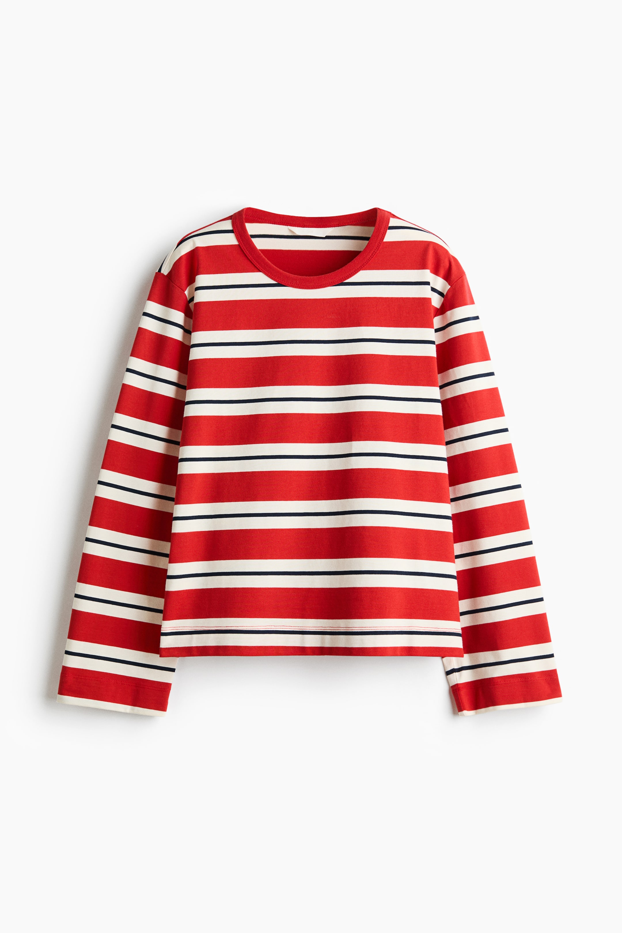 View larger image: A long-sleeve top is shown from the front, featuring a round neckline and full-length sleeves. It has a pattern of alternating red, white, and fine navy horizontal stripes.