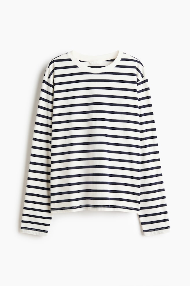 Long-sleeved cotton top - White/Navy blue striped/White - 1