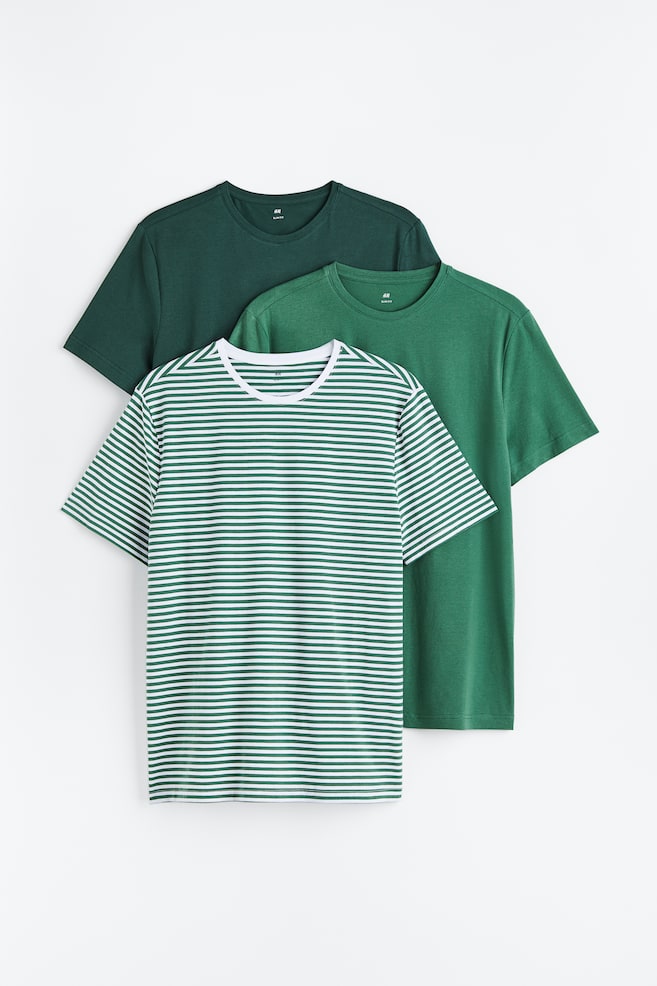 3-pack Slim Fit T-shirts - Green/Striped/White/Black/Light beige/Blue/dc/dc/dc/dc - 1