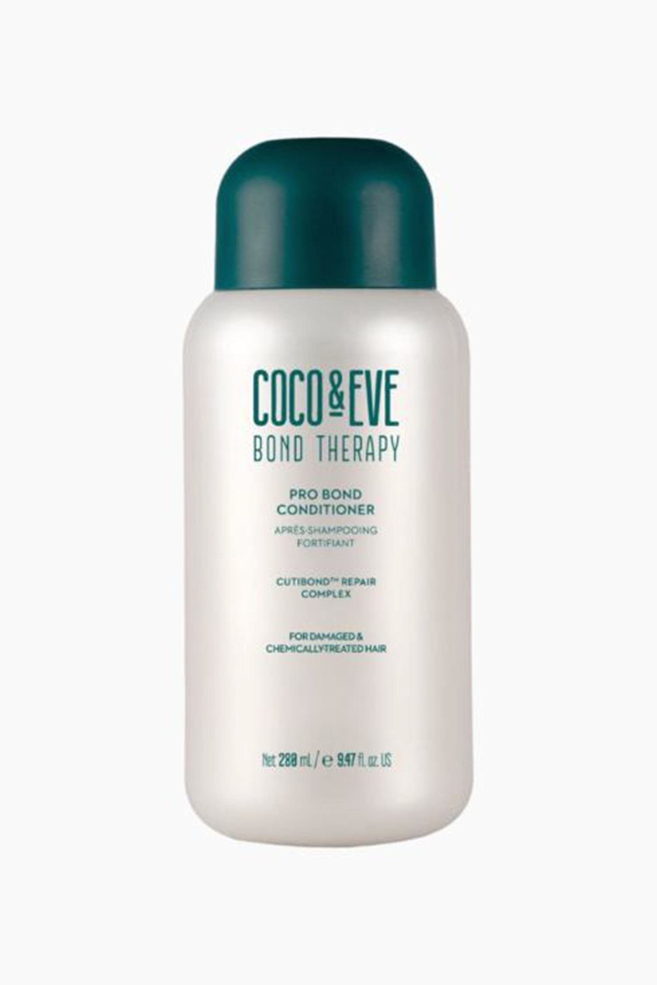 Visa större bild: En vit flaska med Coco & Eve Bond Therapy Pro Bond Conditioner står upprätt, med ett mörkt tealrundat lock och visar mörkt teal text som inkluderar varumärkesnamn, produkttyp och detaljer för skadat och kemiskt behandlat hår.