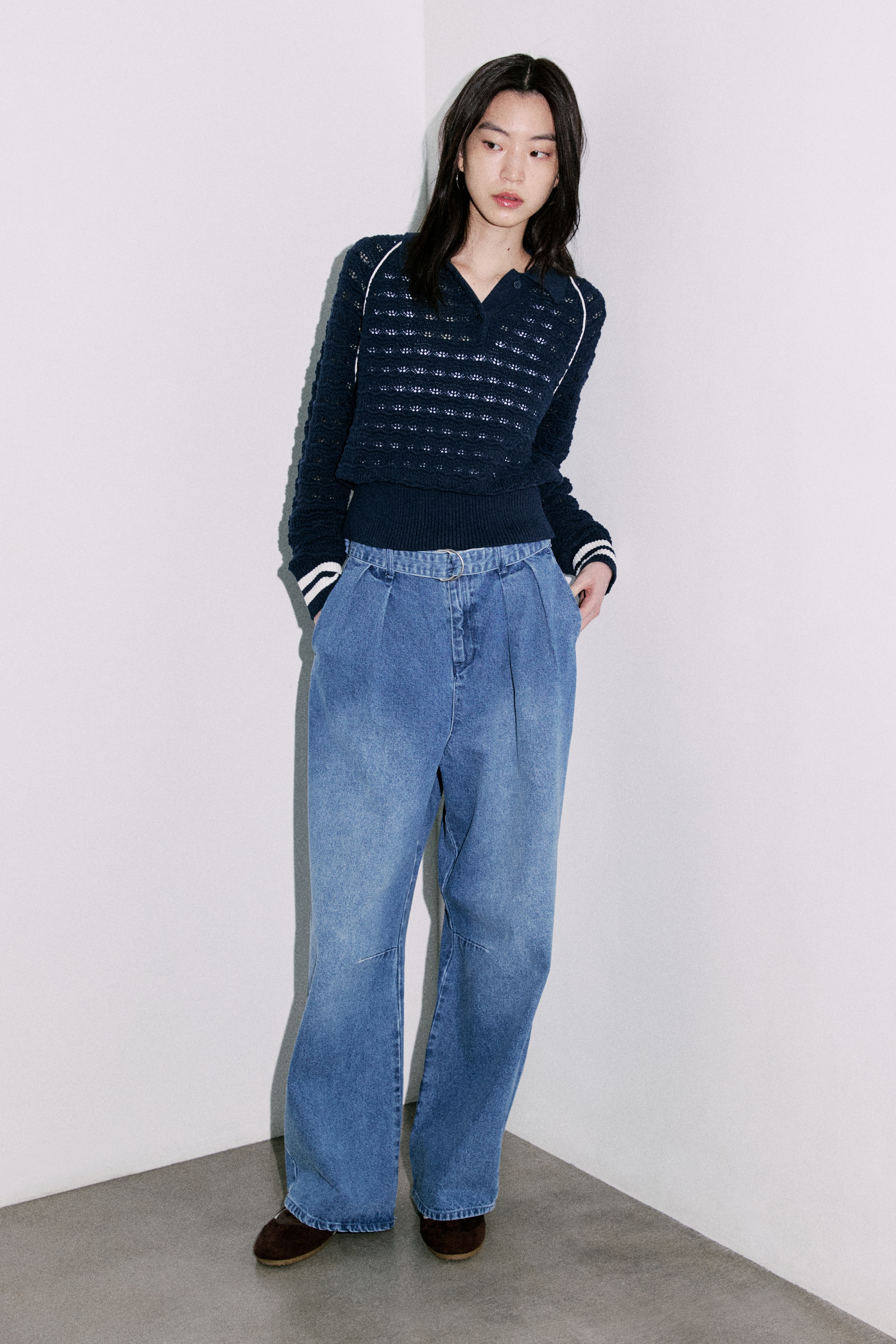 Barrel-leg twill trousers - Denim blue/Beige