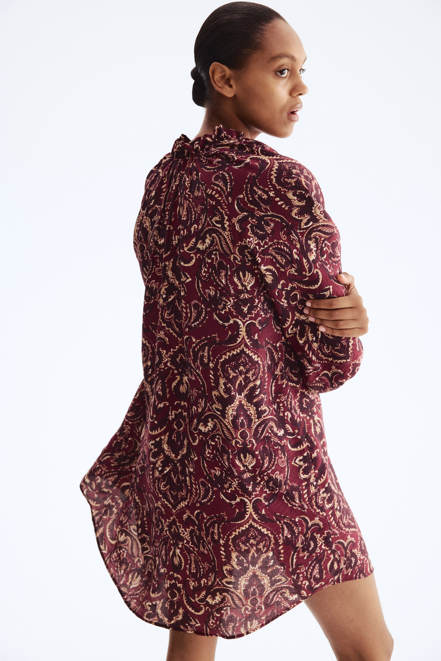 Yakası Fırfırlı Elbise - Bordo/Şal desenli/Koyu mavi/Şal desenli/Bej/Leopar desenli - 4