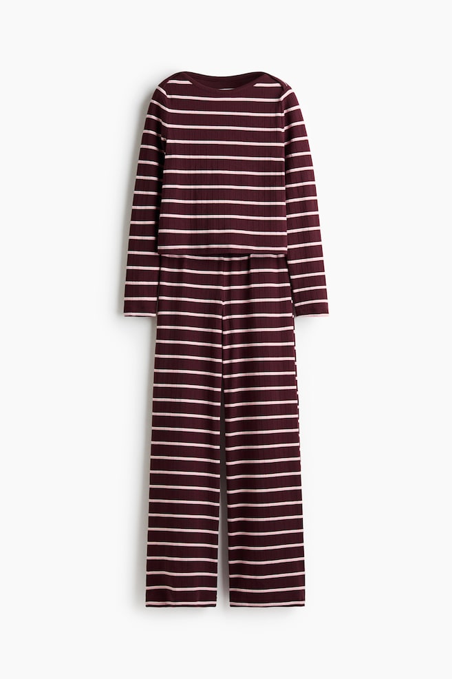 Pijama din bumbac - Roșu-burgund/dungi - 1