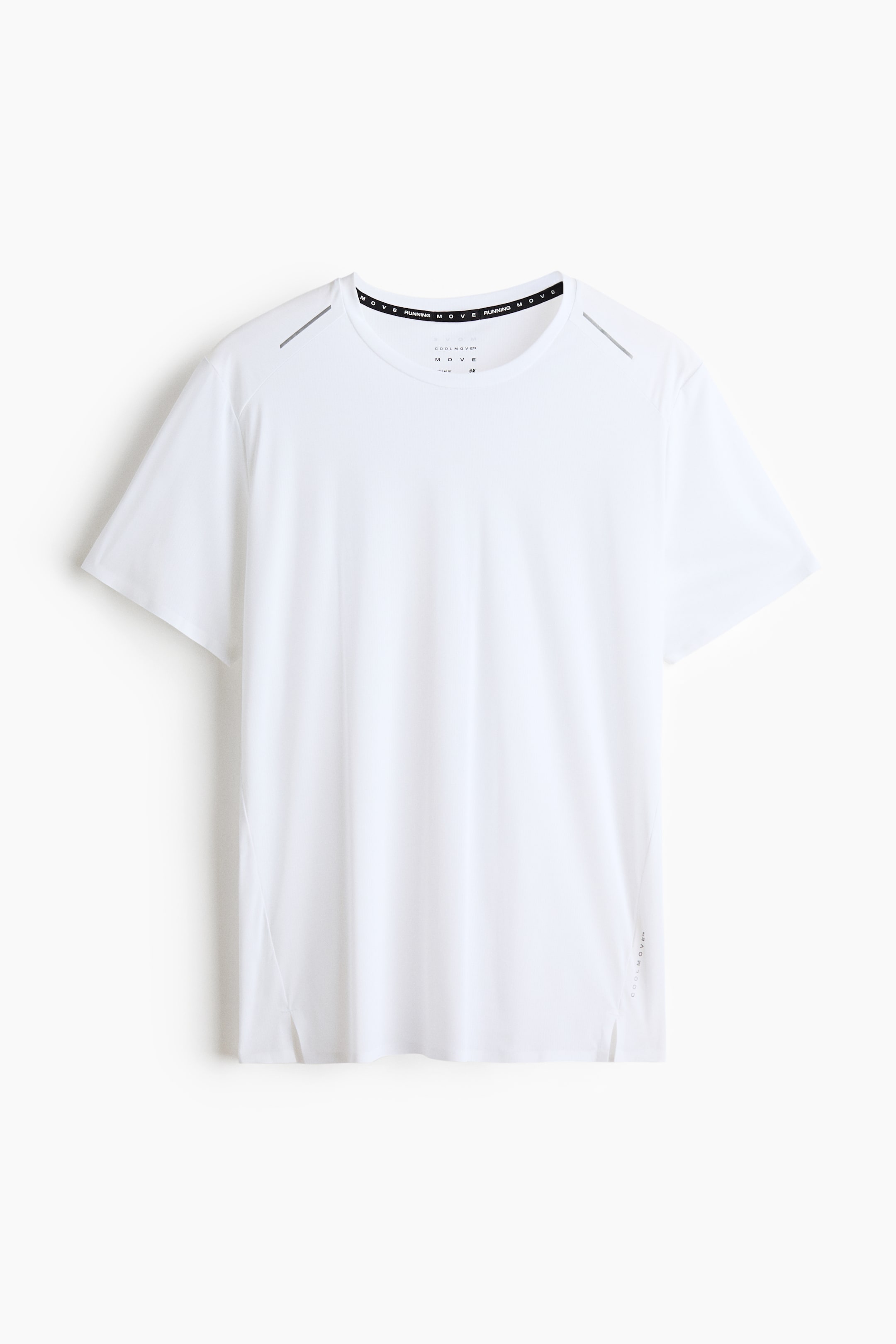Ver imagen más grande: Una camiseta de running ligera y refrescante se presenta en la parte frontal, en color blanco, con cuello redondo y mangas cortas. Muestra dos tiras reflectantes en los hombros, una banda interior del cuello en negro con el texto "RUNNING MOVE", y una pequeña abertura lateral en el dobladillo con el texto "COOLMOVE" impreso verticalmente.