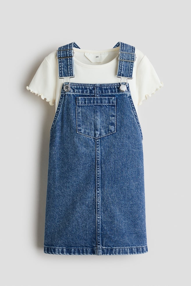 2-piece dungaree dress and top set - Cream/Denim blue - 1