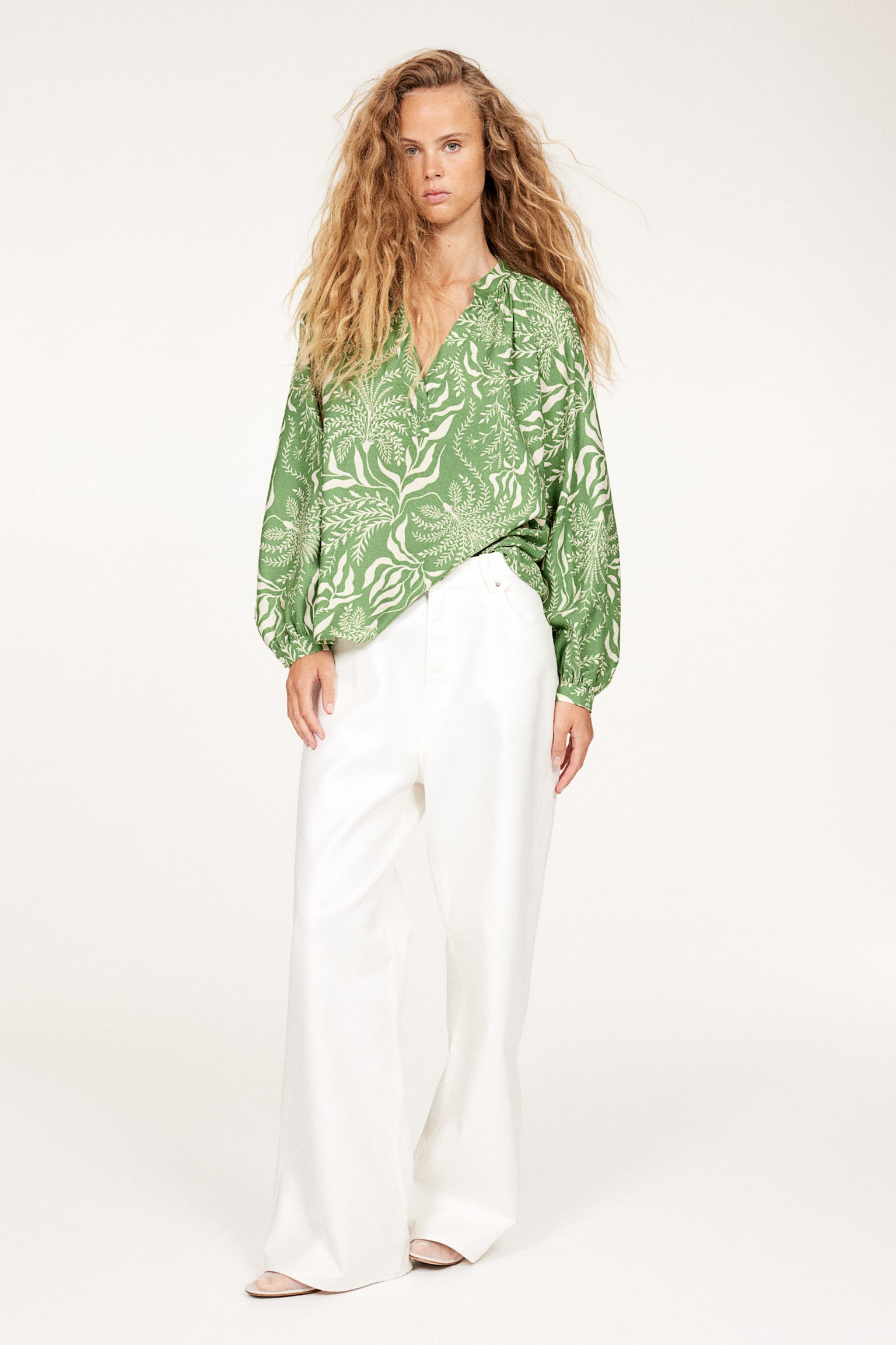 Balloon Sleeve Blouse - Green/Pattern/White/Stripe - 5