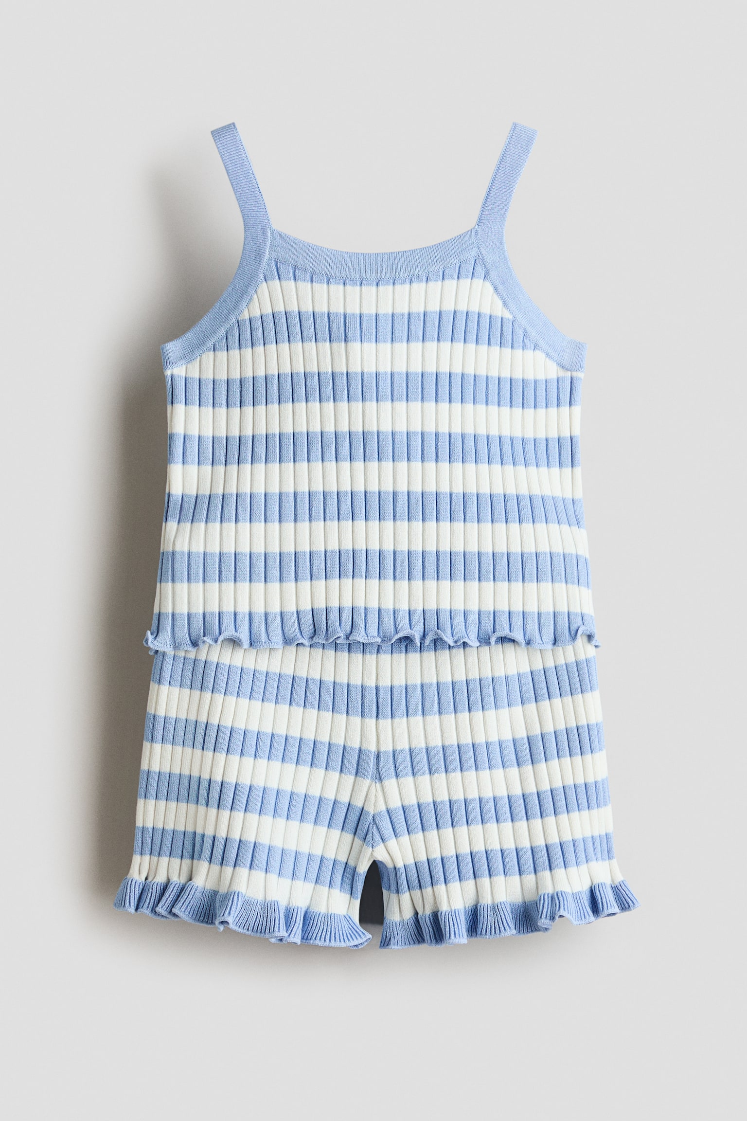 Conjunto de 2 peças em malha canelada - Azul claro/Riscas/Branco/Riscas vermelhas