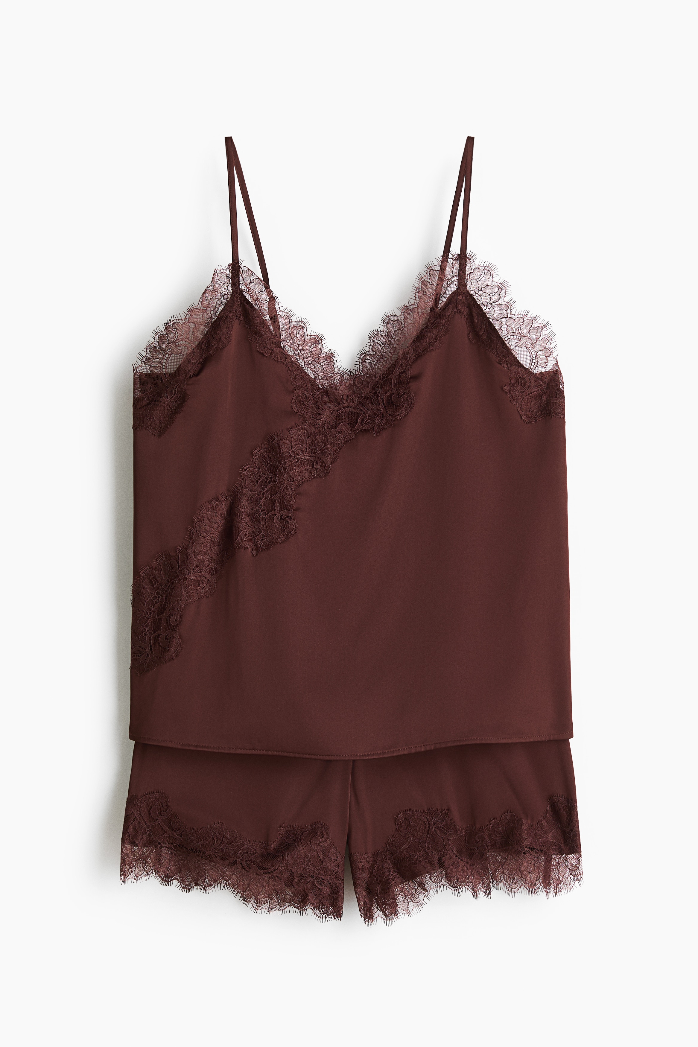 Pyjama en satin avec dentelle - Marron foncé