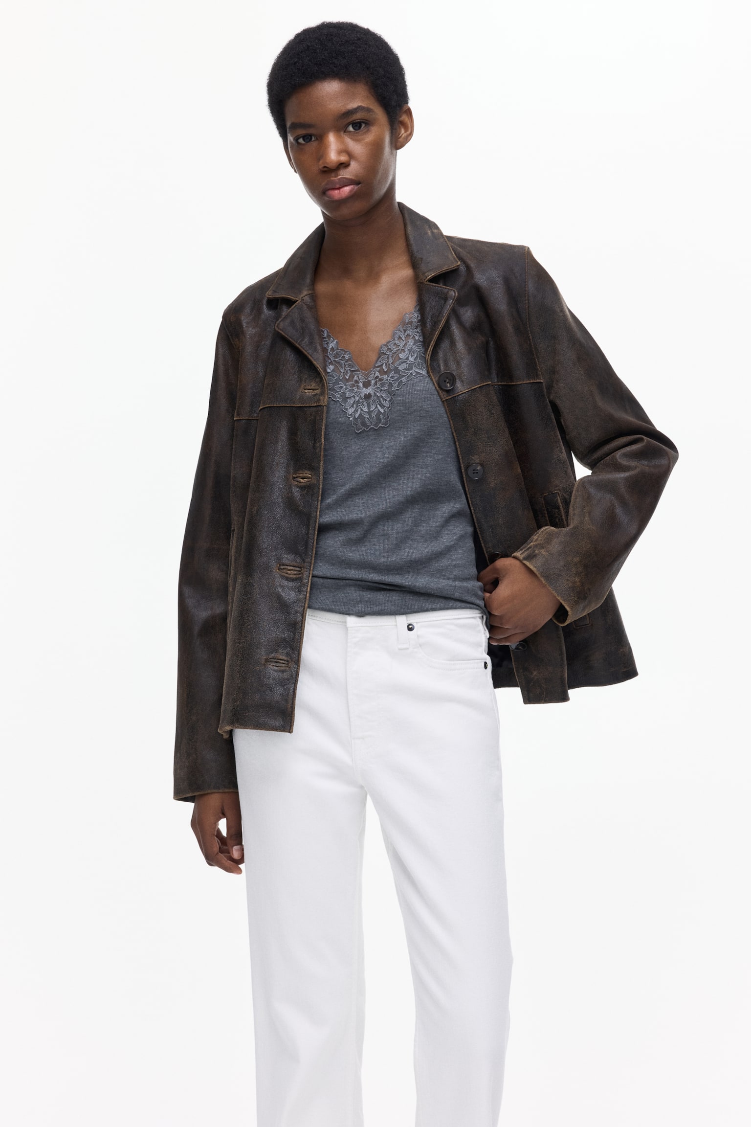 חולצה עם עיטור תחרה - אפור כהה מלאנז'/חום כהה/לבן - 4