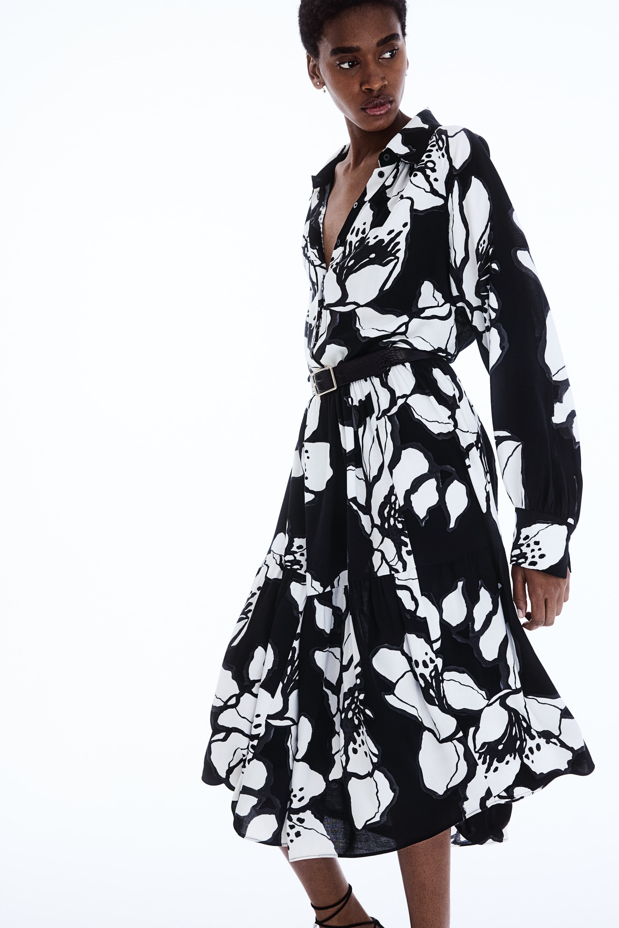 Viscose shirt dress - Black/white floral - Ladies | H&M US 1