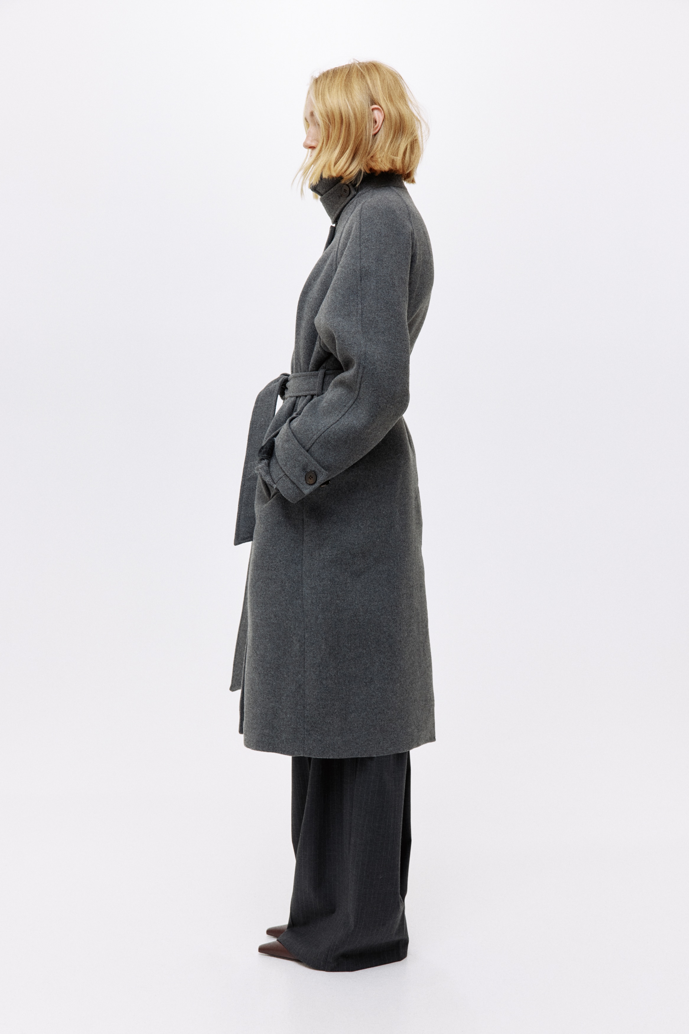grey tie up coat