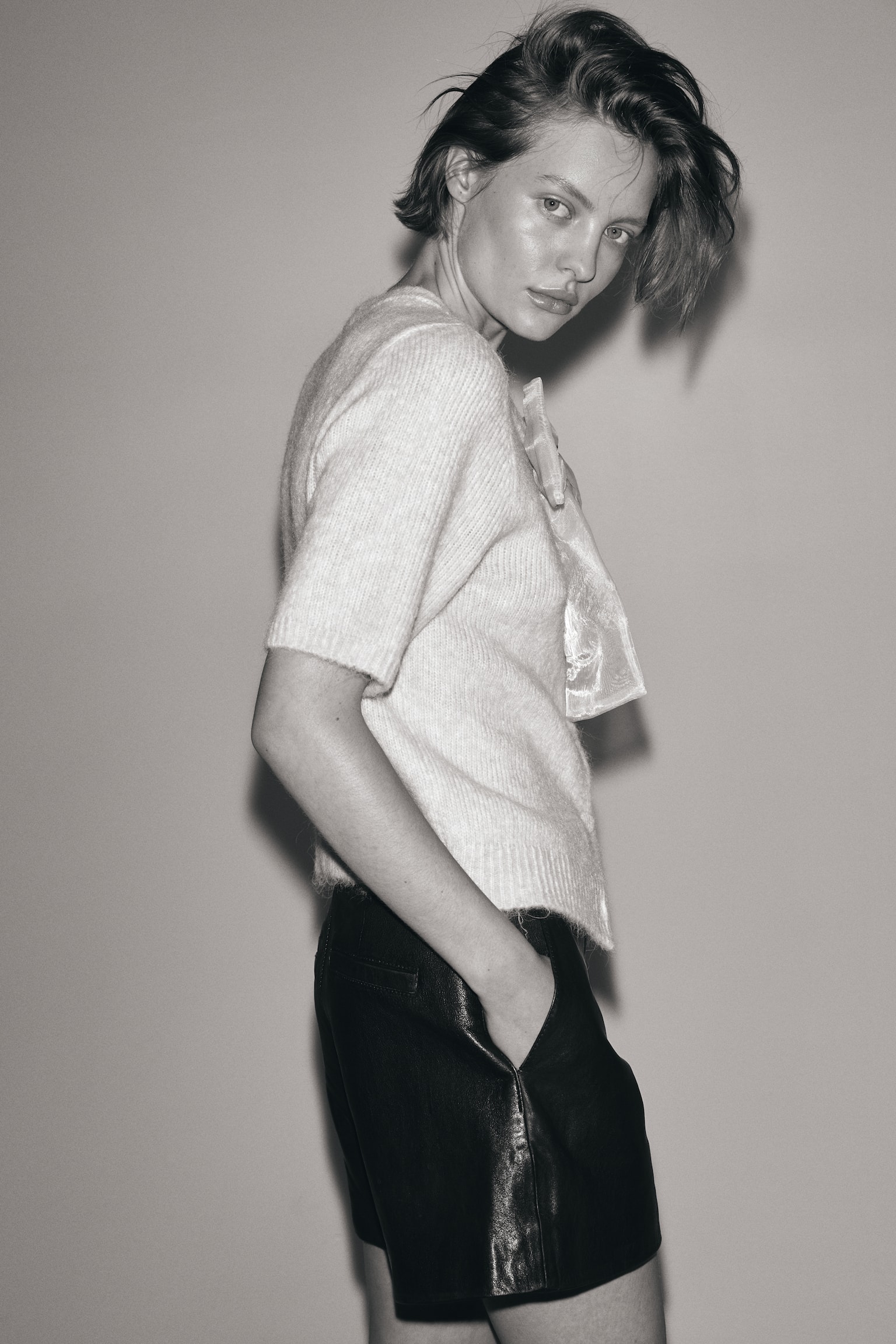 Cárdigan tejido con detalle de moño - Rosa claro/Negro/Crema - 5